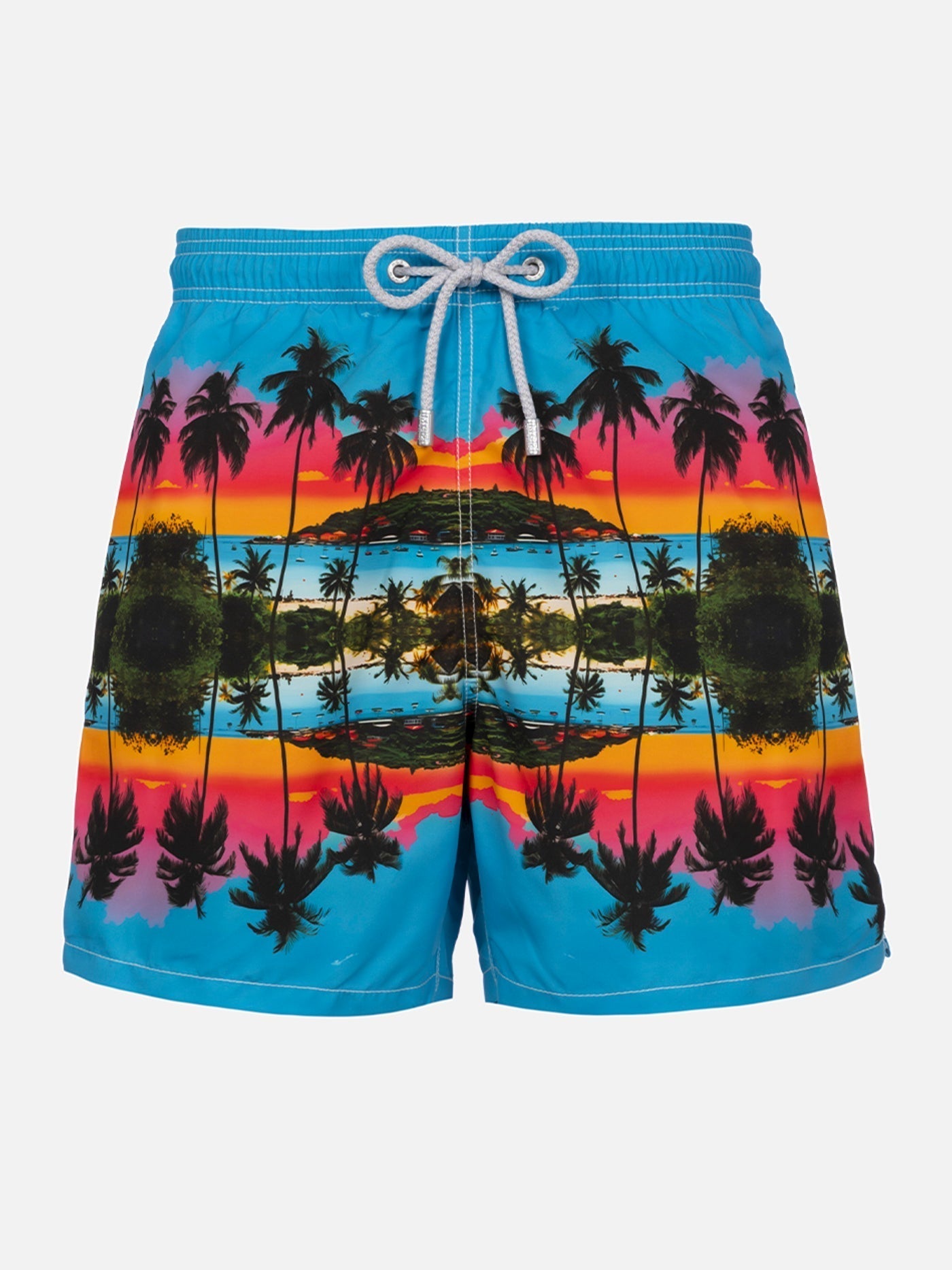 Man mid-length Gustavia swim-shorts with palms landscape placed print | AI CO-CREATED DESIGN BY RICKDICK - POWERED BY RED-EYE