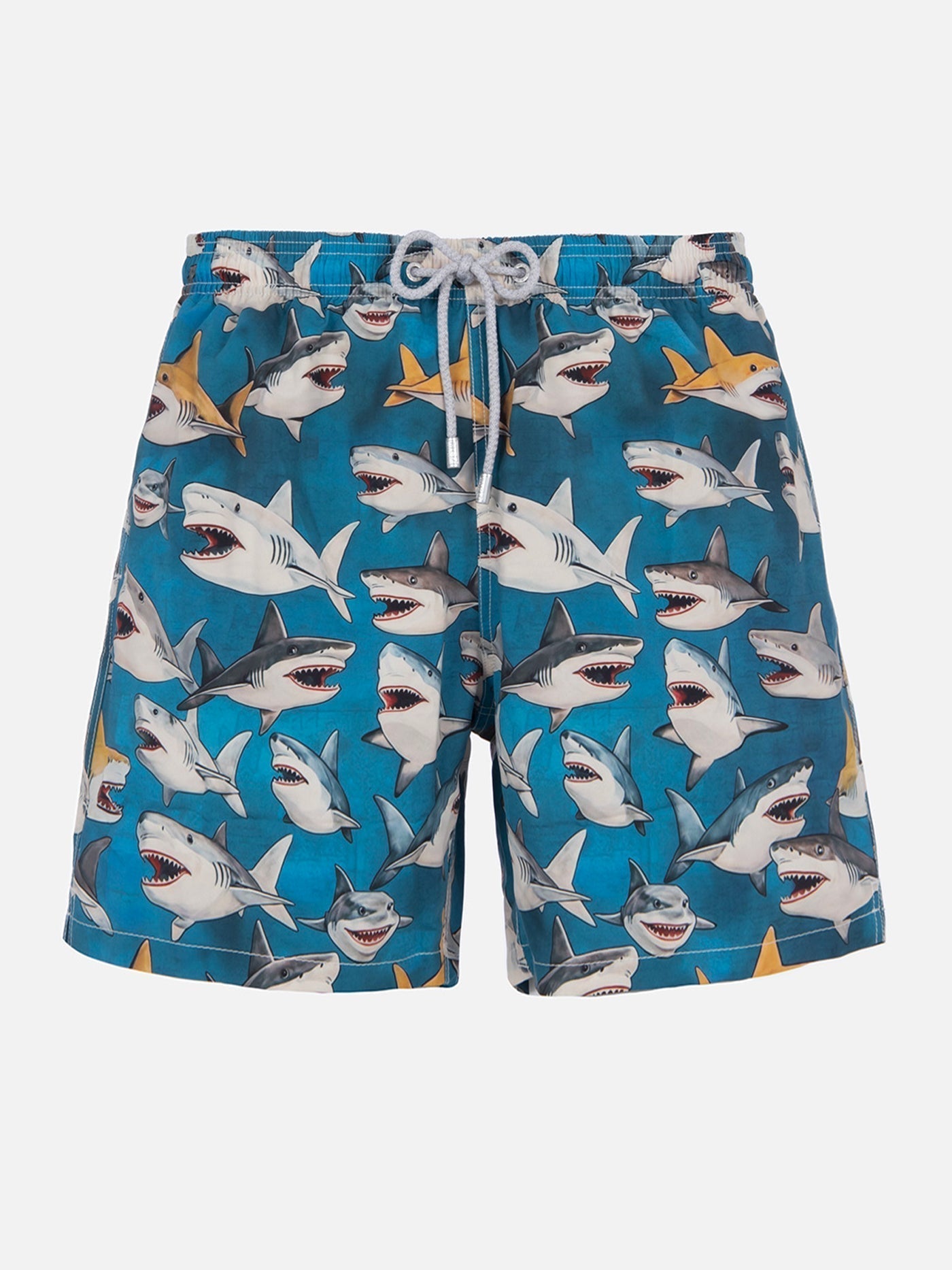 Man mid-length Gustavia swim-shorts with shark print | AI CO-CREATED DESIGN BY RICKDICK - POWERED BY RED-EYE