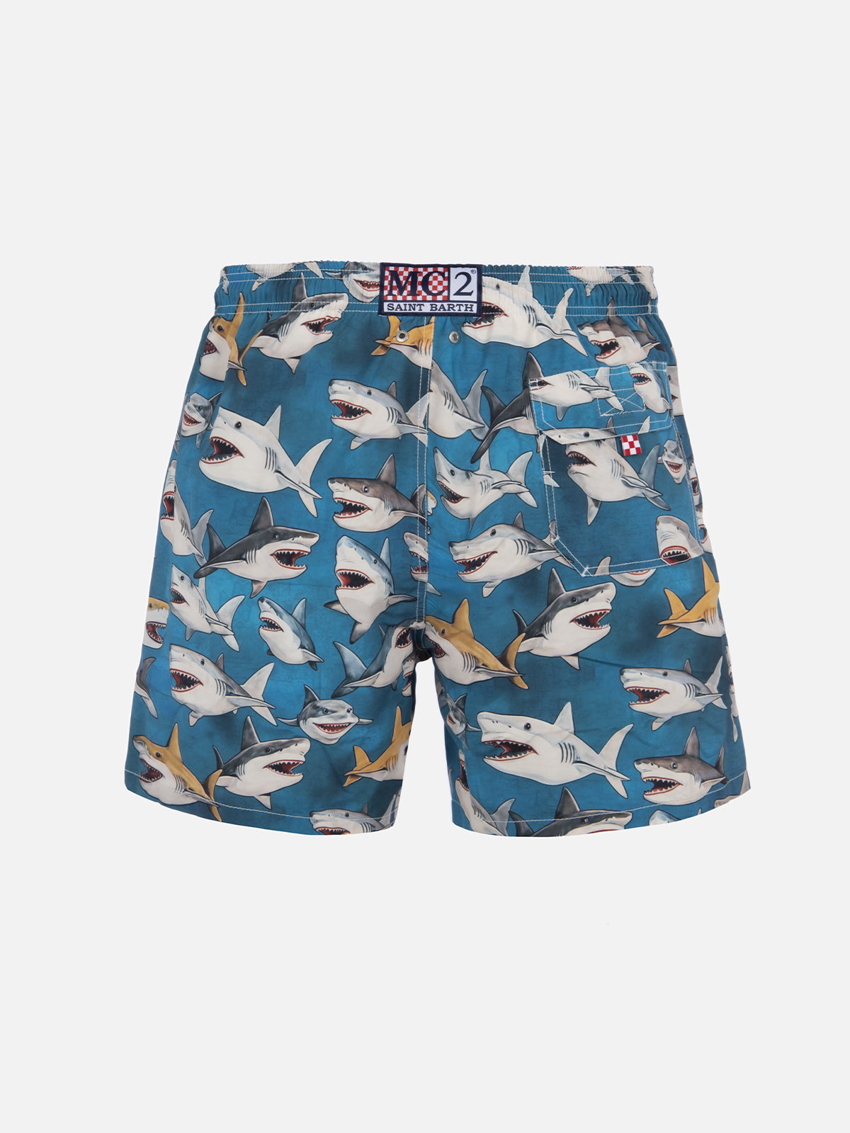 Man mid-length Gustavia swim-shorts with shark print | AI CO-CREATED DESIGN BY RICKDICK - POWERED BY RED-EYE