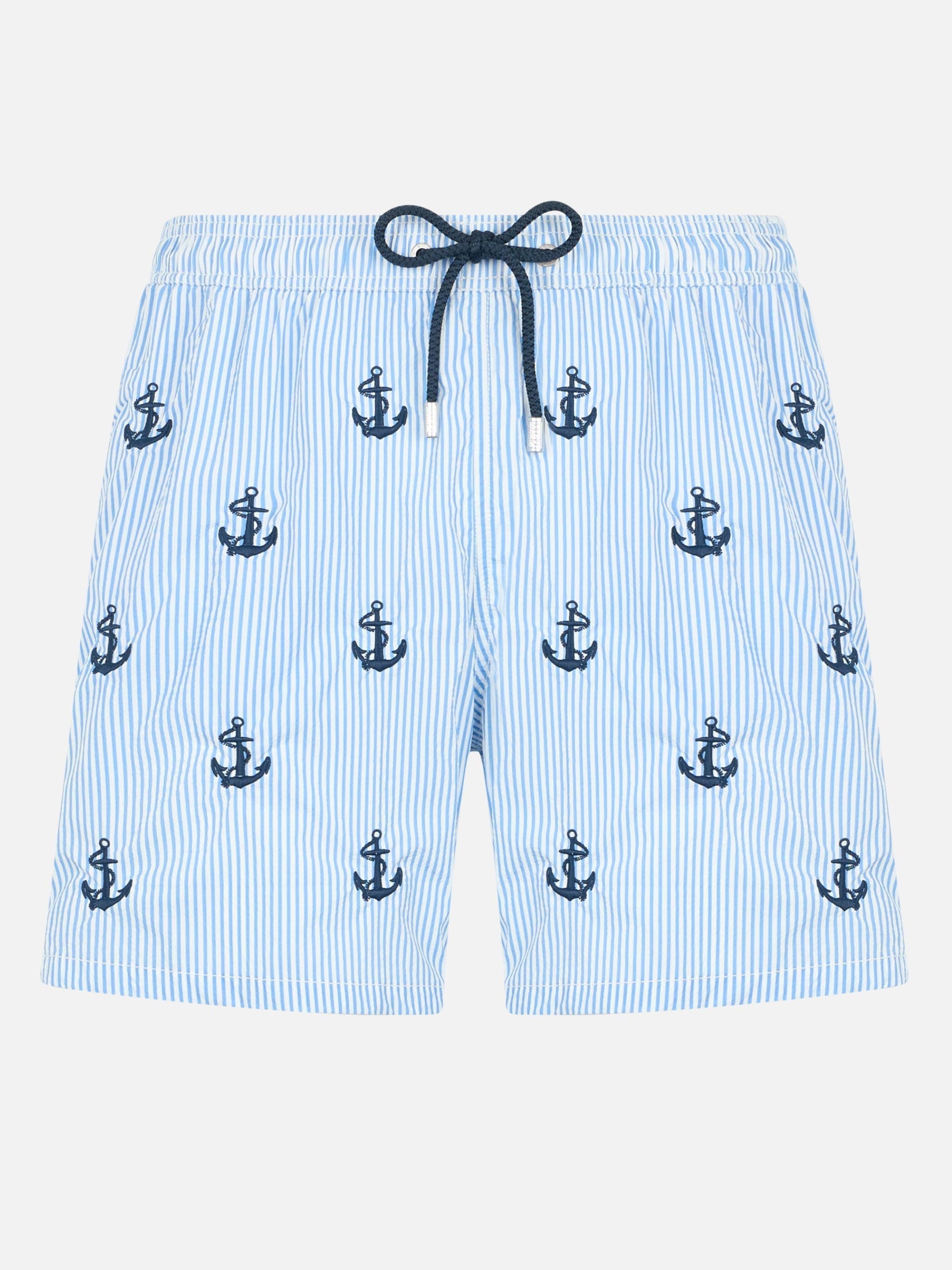 Man mid-length seersucker Gustavia swim shorts with anchors embroidery