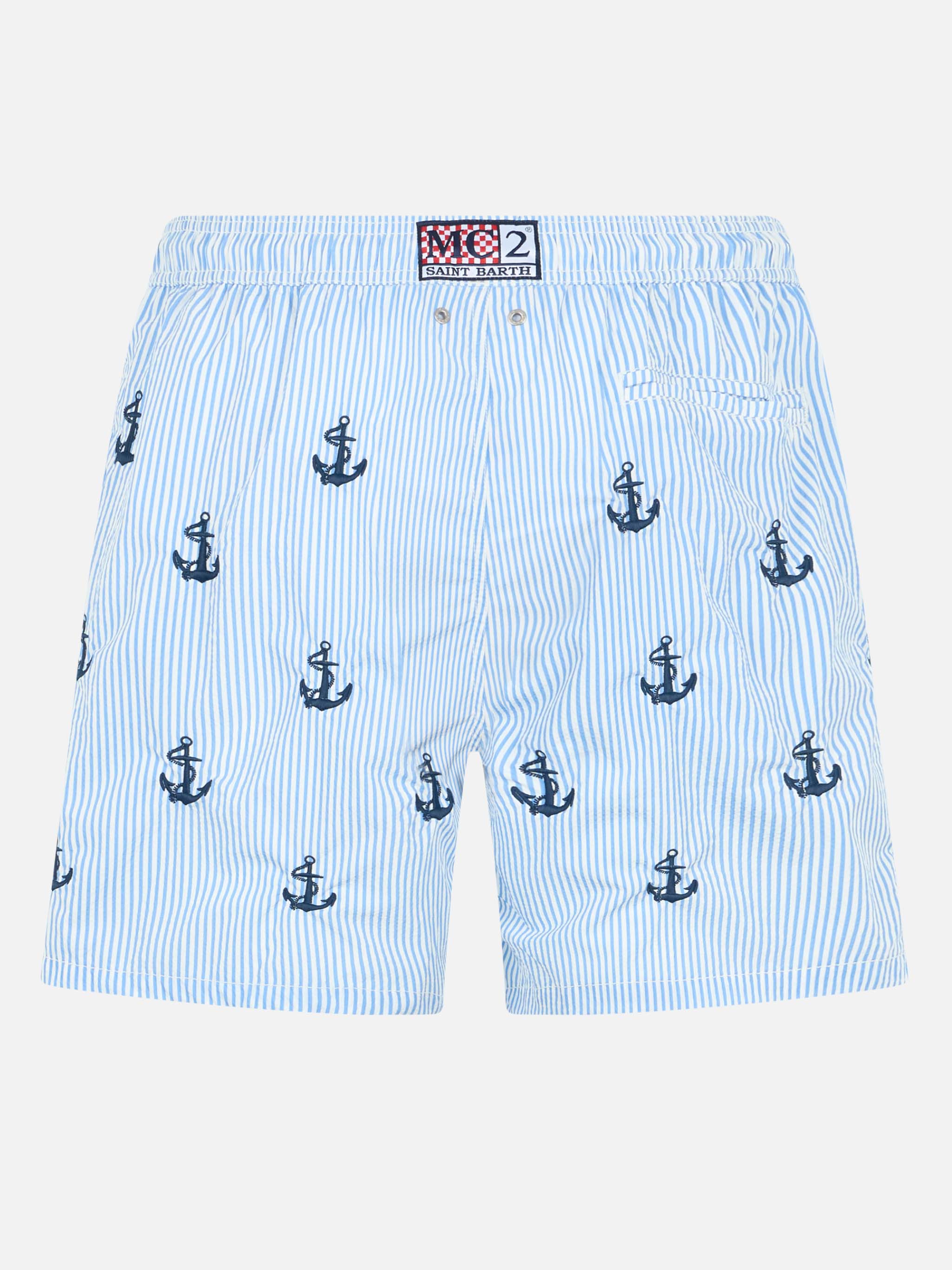 Man mid-length seersucker Gustavia swim shorts with anchors embroidery