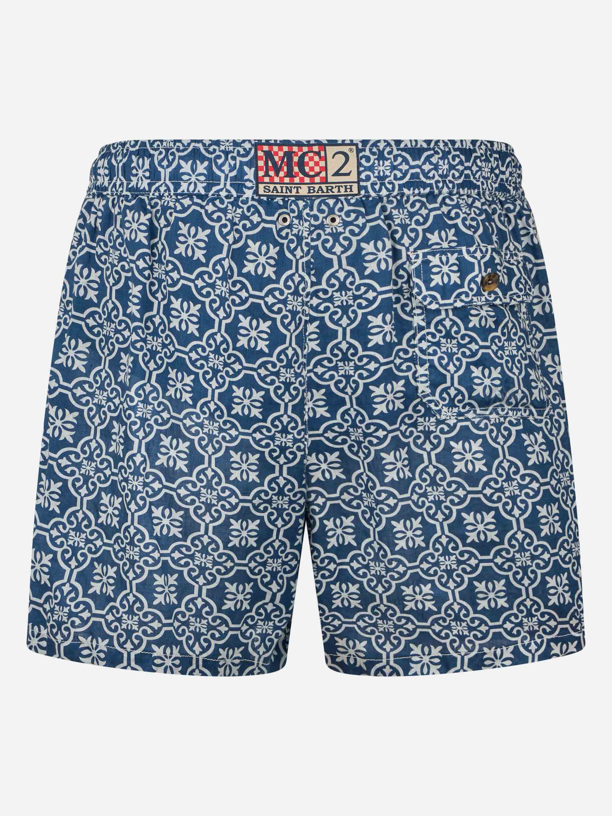 Man mid-length linen swim-shorts Gustavia with majolica print