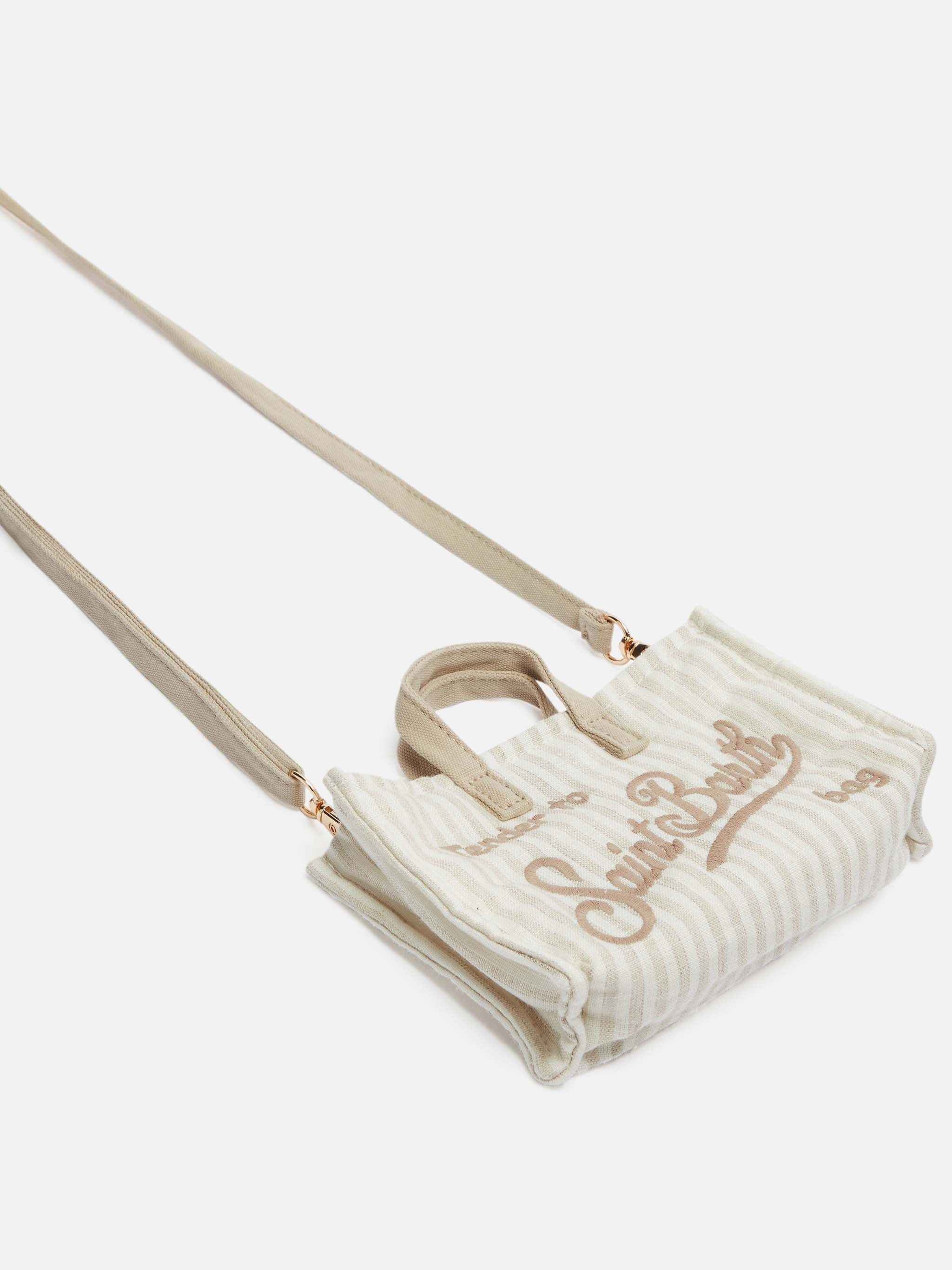 Phone Bag in lino con stampa a righe beige