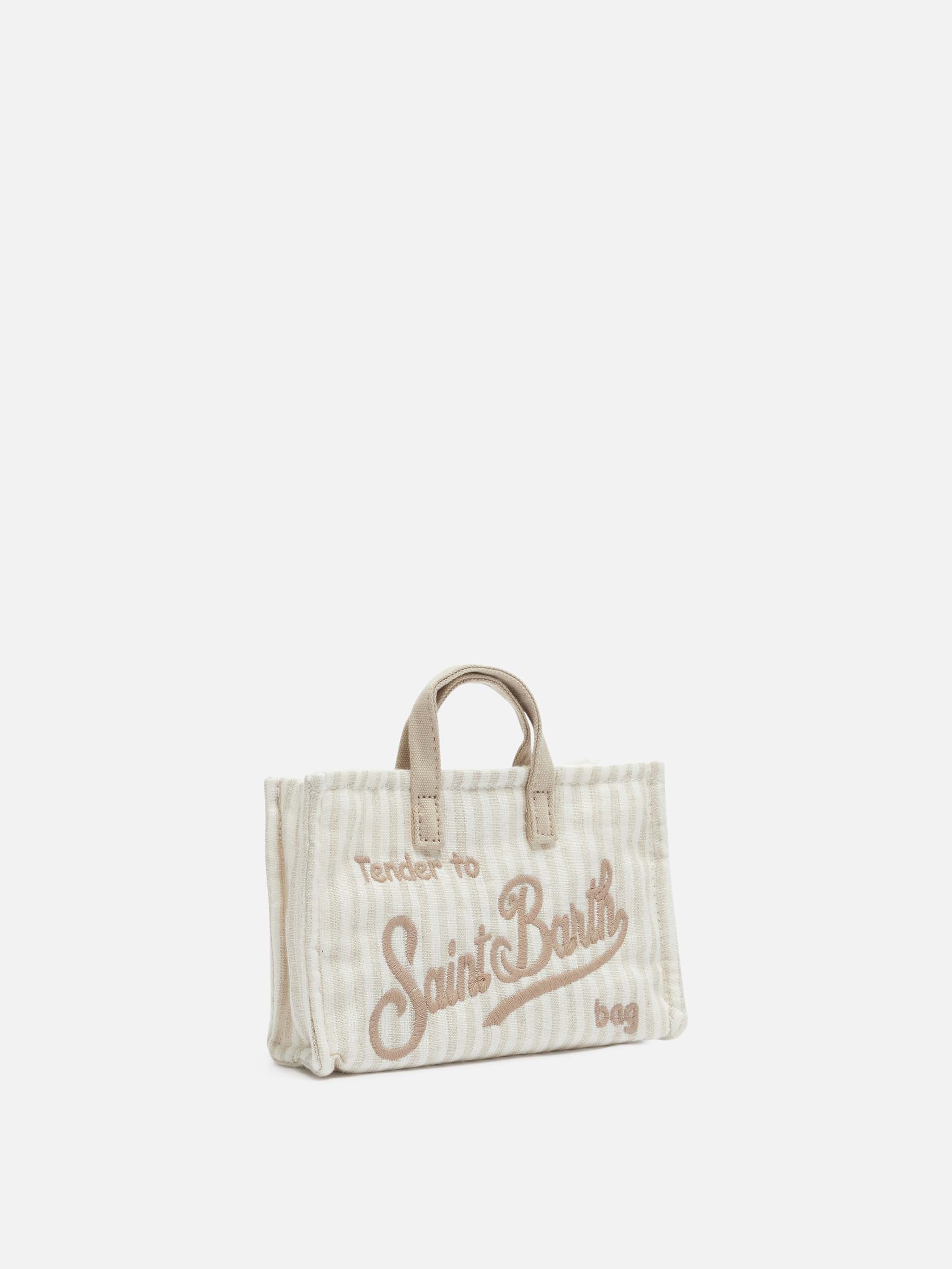 Phone Bag in lino con stampa a righe beige