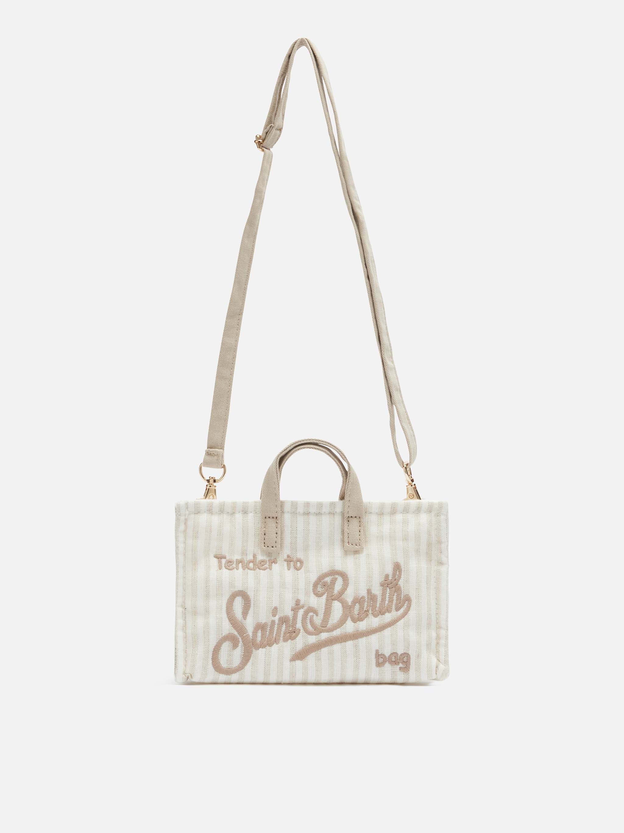 Phone Bag in lino con stampa a righe beige