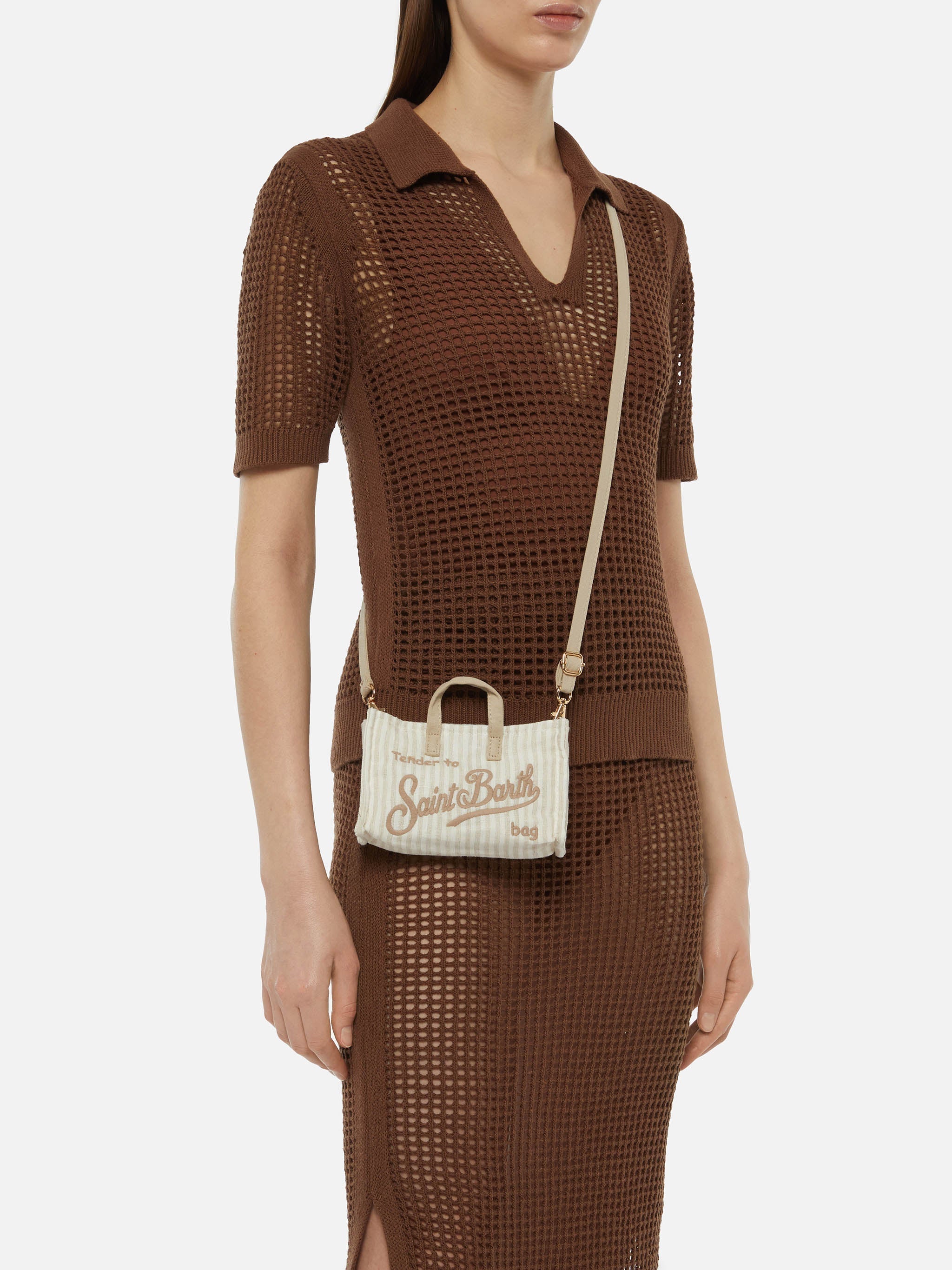 Phone Bag in lino con stampa a righe beige