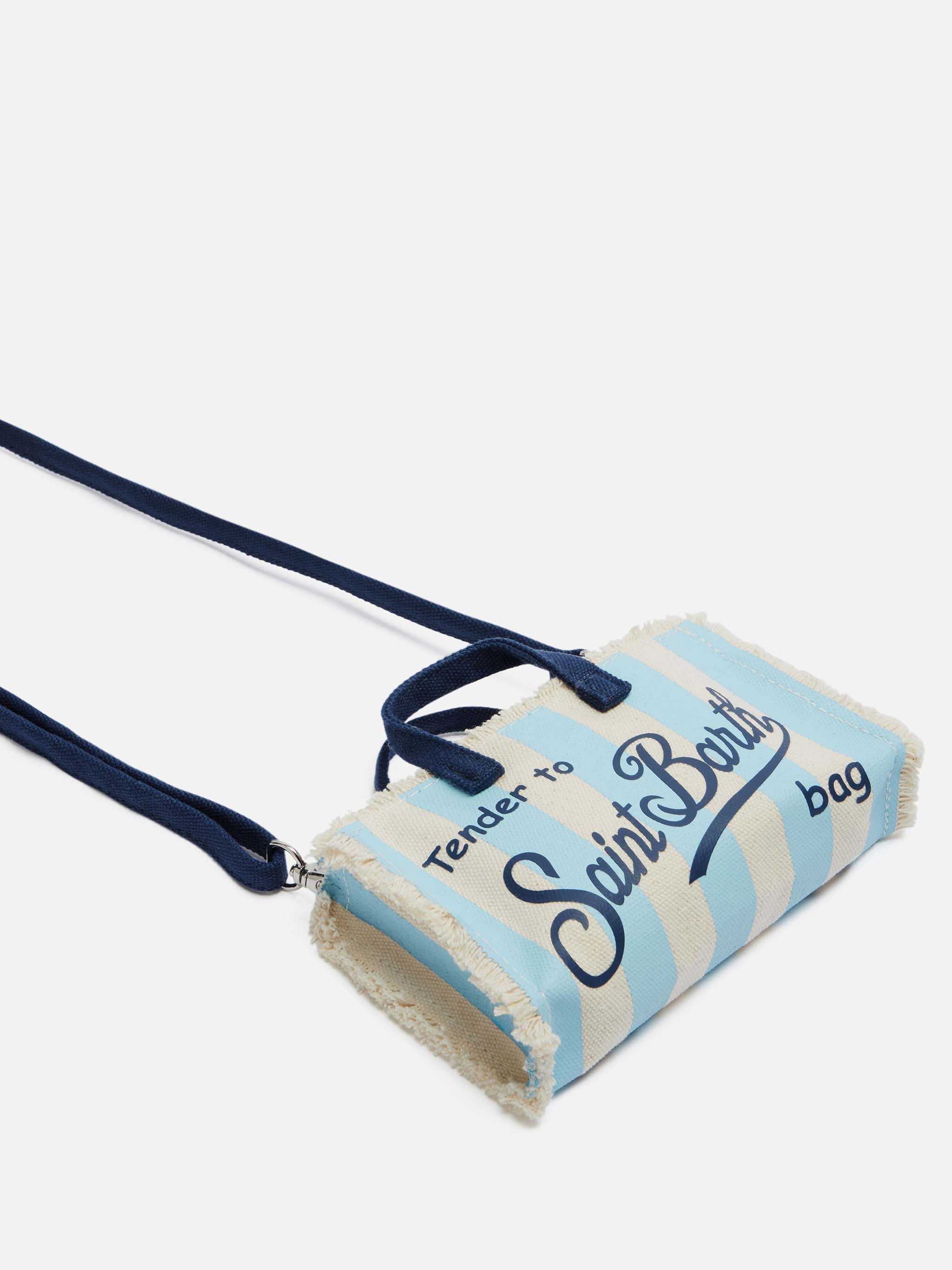 Phone Bag in canvas di cotone con stampa a righe azzurre