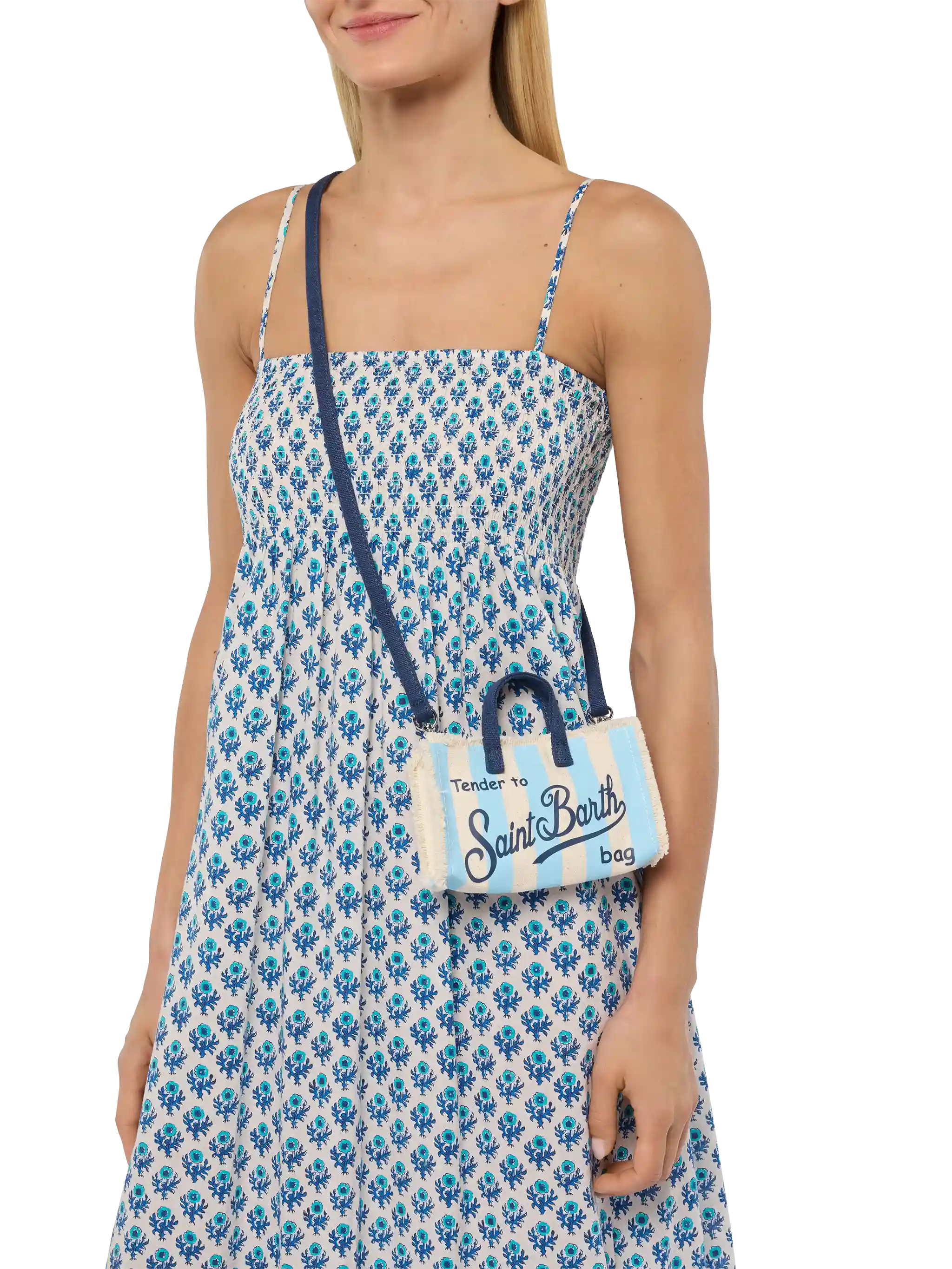 Phone Bag in canvas di cotone con stampa a righe azzurre