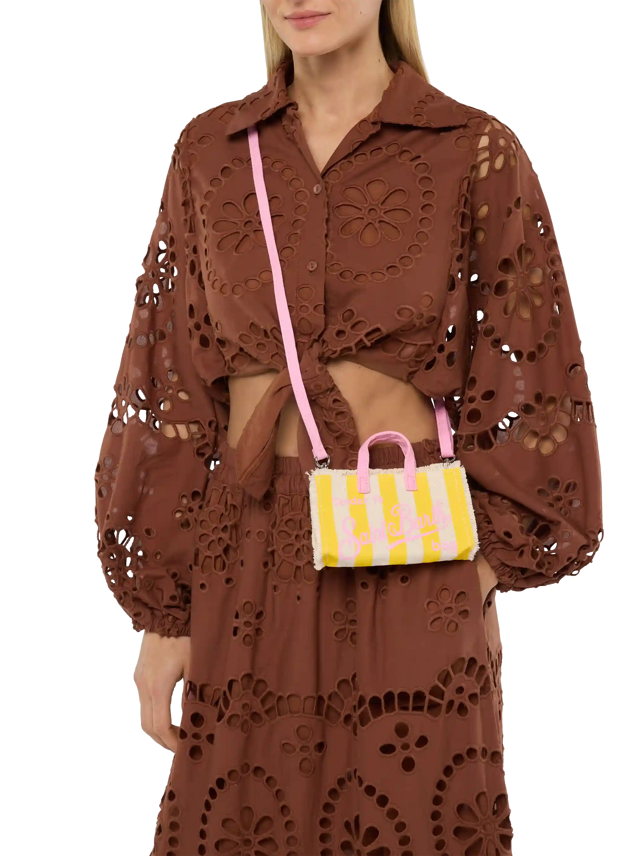 Phone Bag in canvas di cotone con stampa a righe gialle