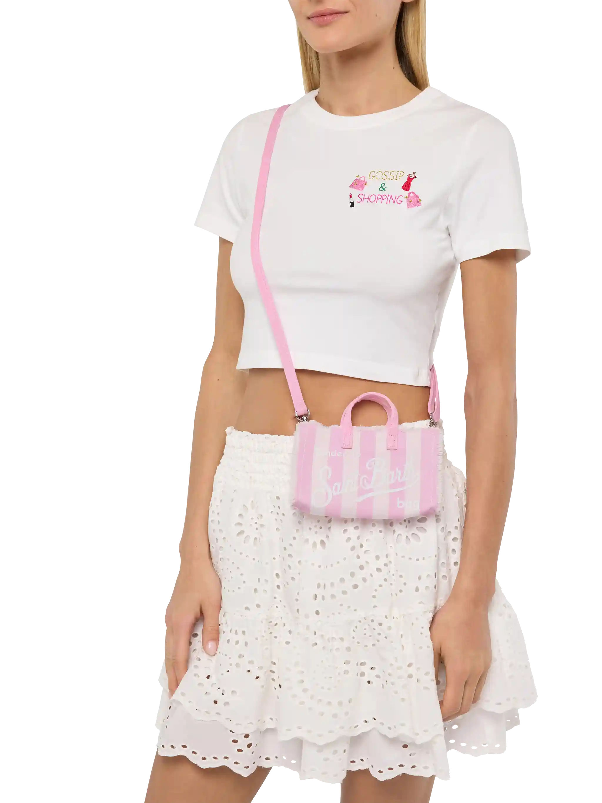 Phone Bag in canvas di cotone con stampa a righe rosa
