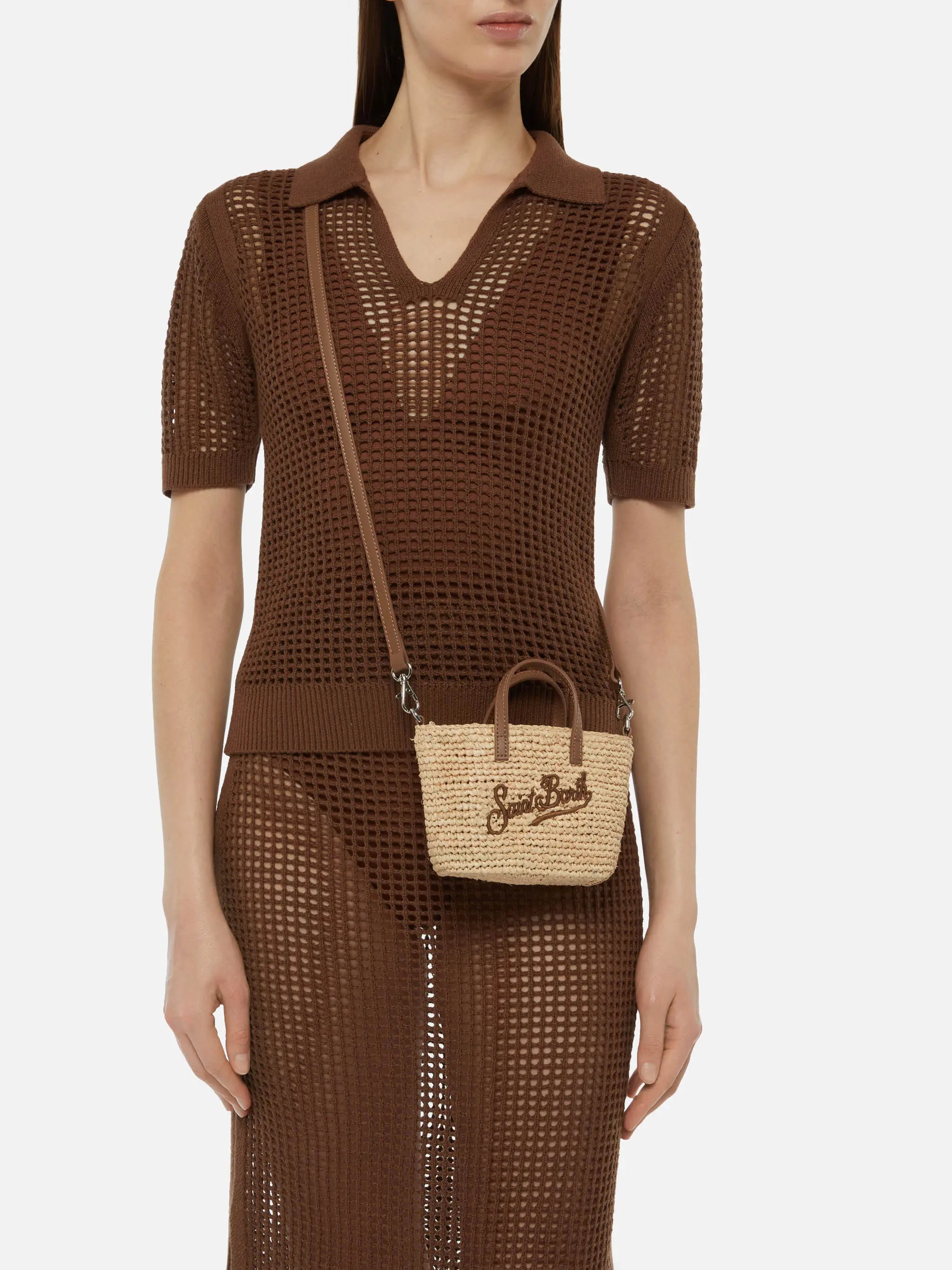 Rafia City Micro Bag beige con manici in pelle