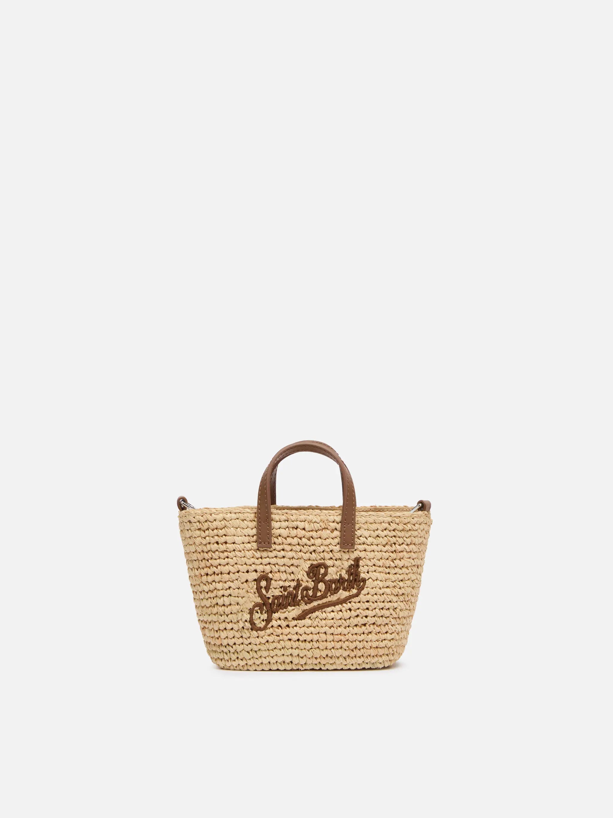 Rafia City Micro Bag beige con manici in pelle
