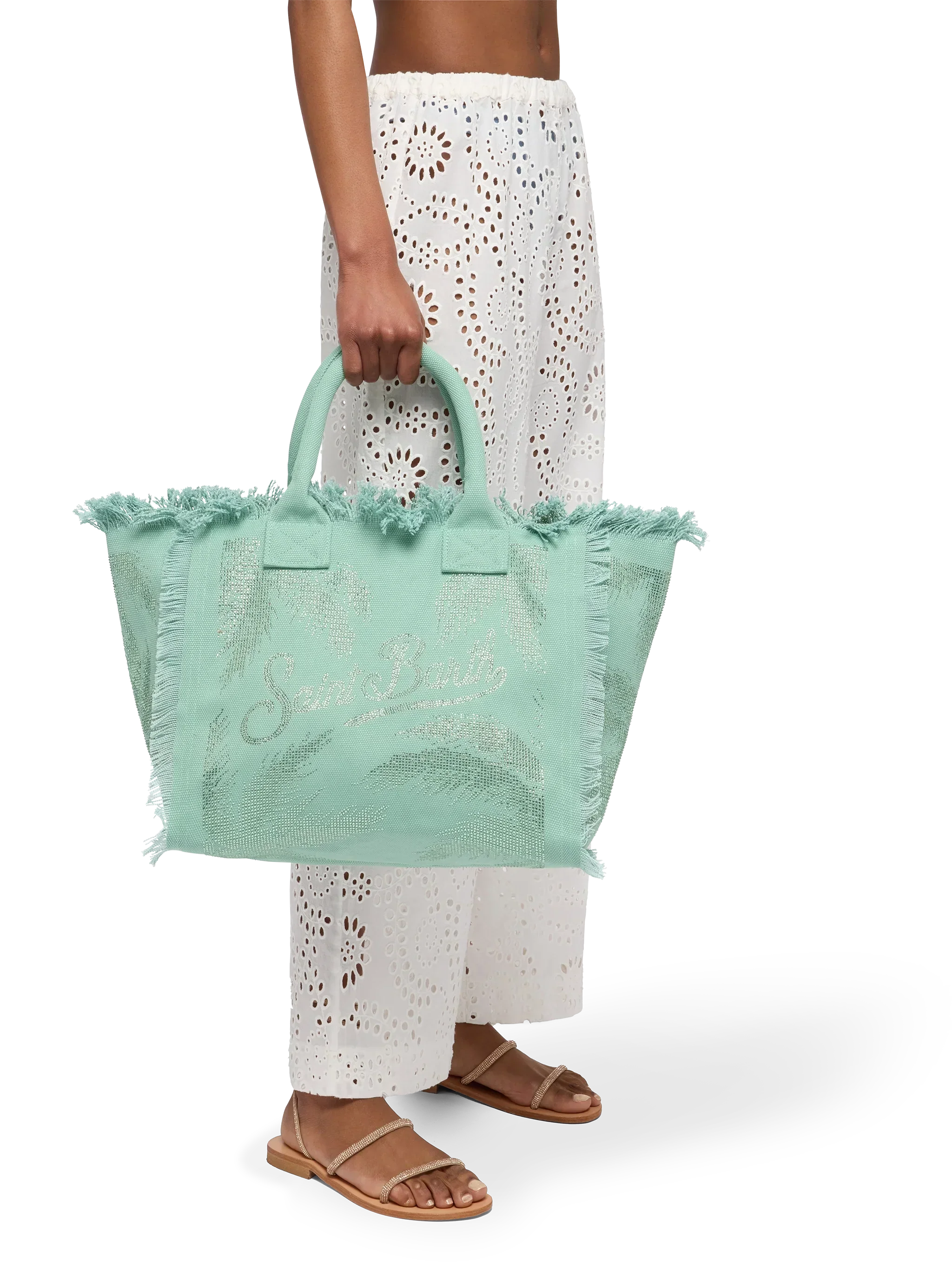 Sage green cotton canvas Vanity tote bag with palm rhinestone embellishment