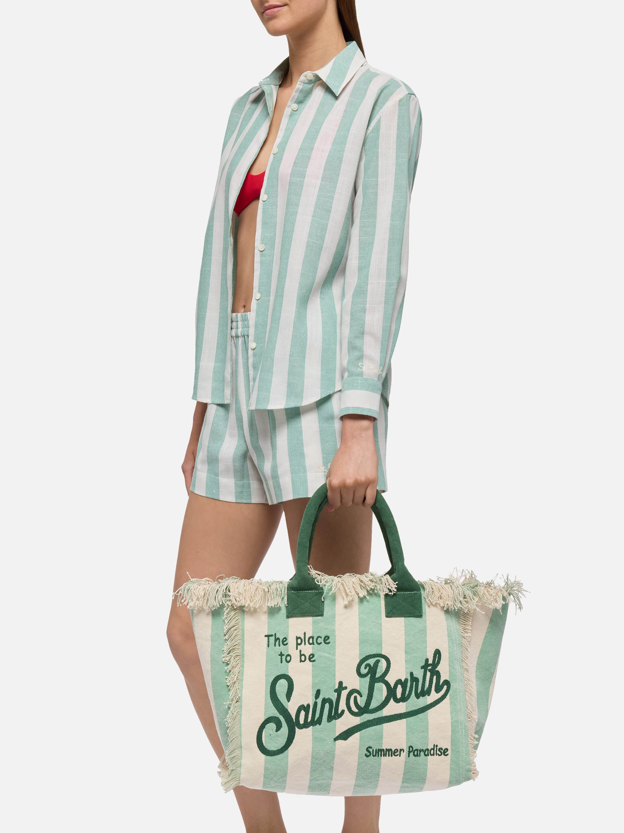 Borsa a spalla Vanity in canvas di cotone con stampa a righe verde salvia