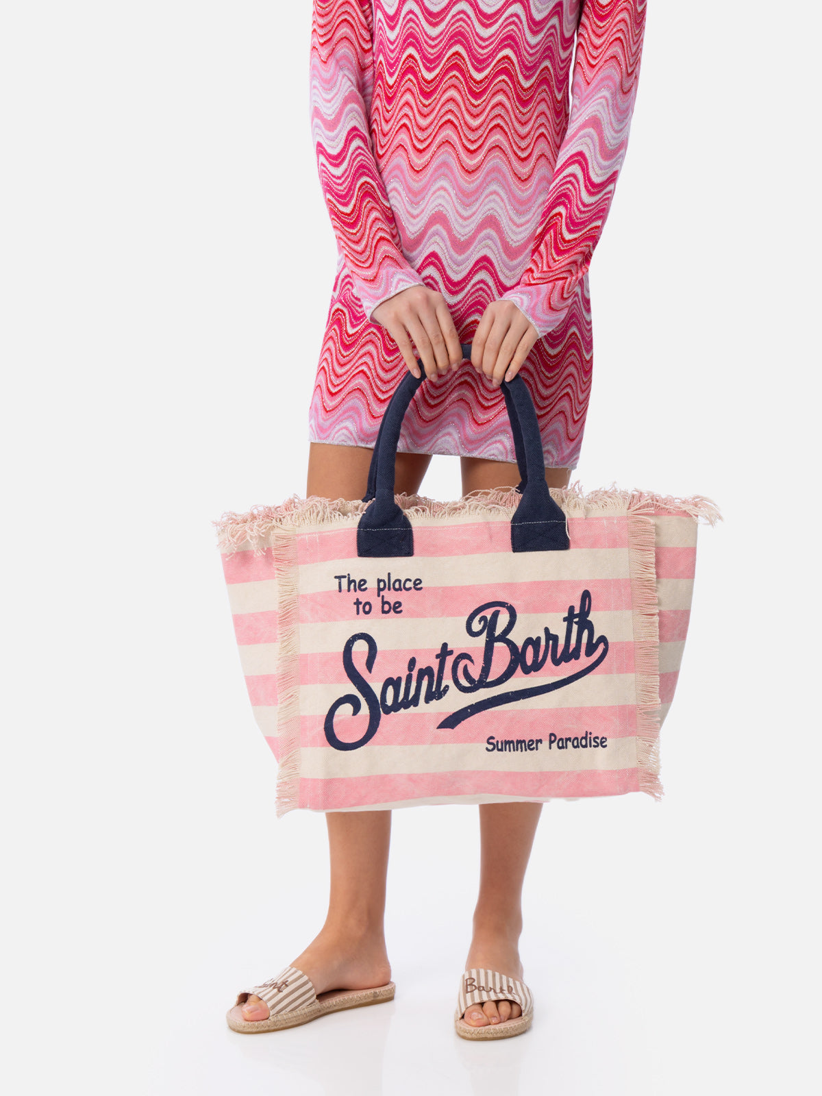 Borsa a spalla Vanity in canvas di cotone con stampa a righe rosa
