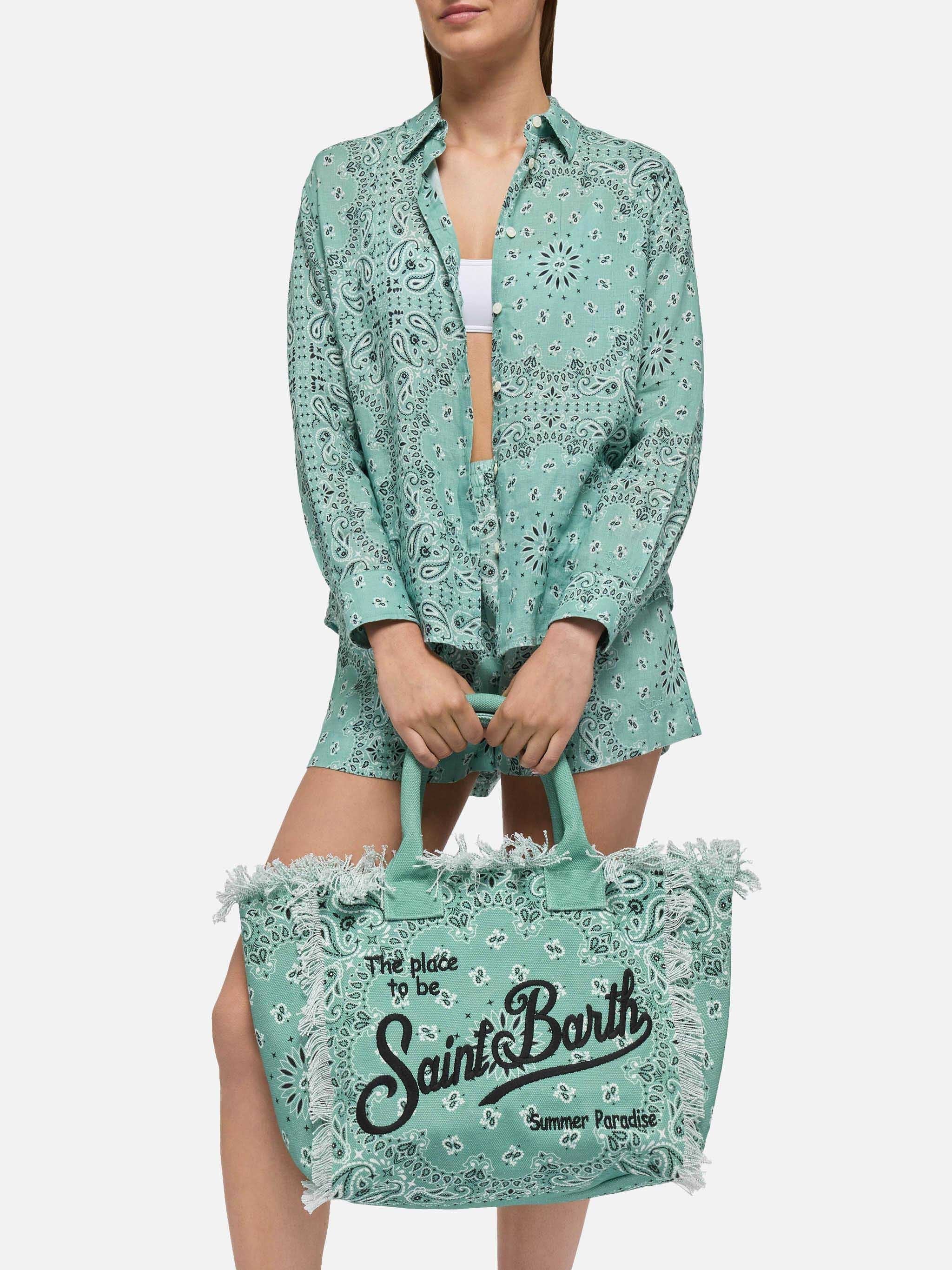 Sage green cotton canvas Vanity tote bag with badanna print