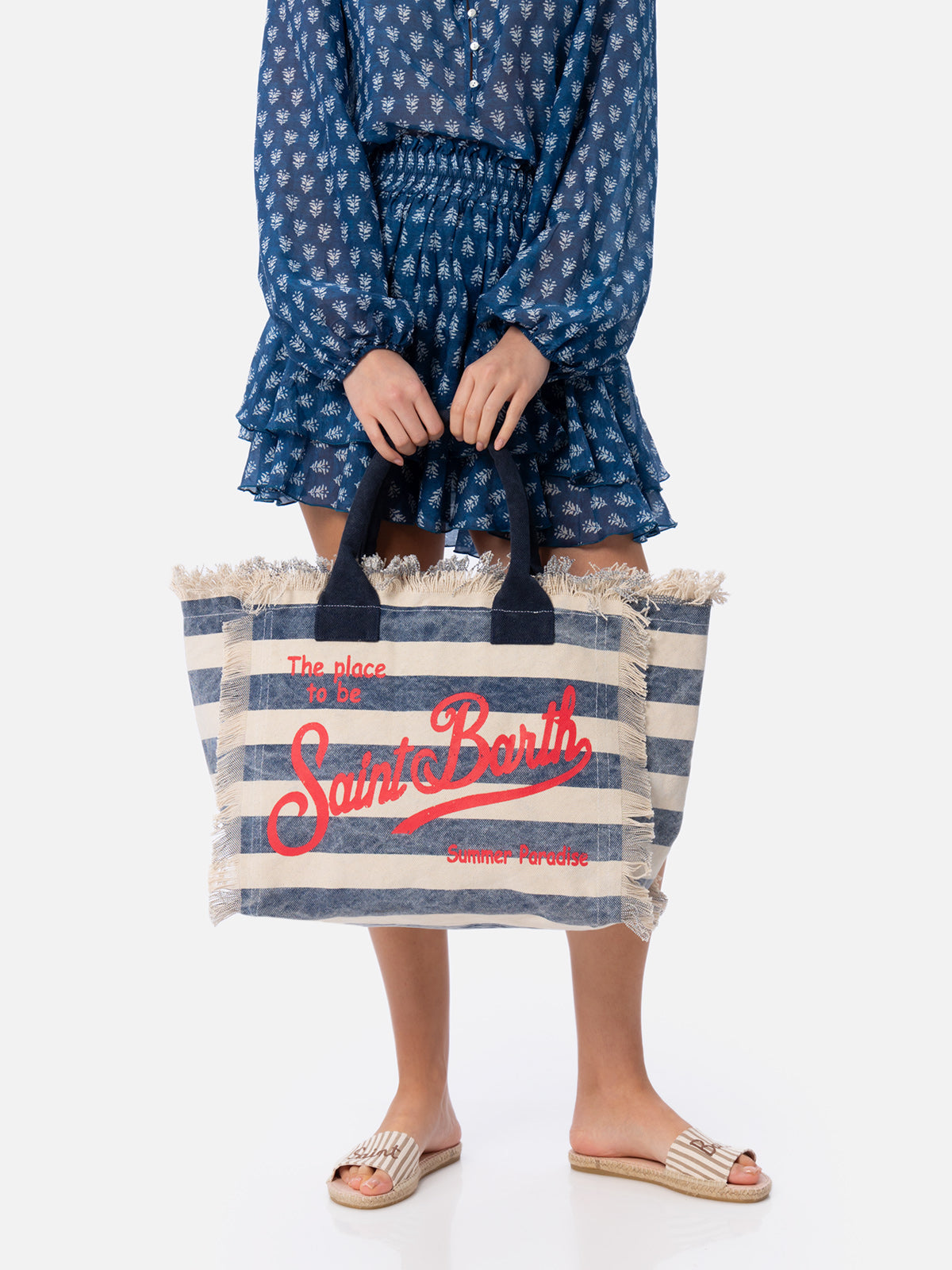 Borsa a spalla Vanity in canvas di cotone con stampa a righe blu navy