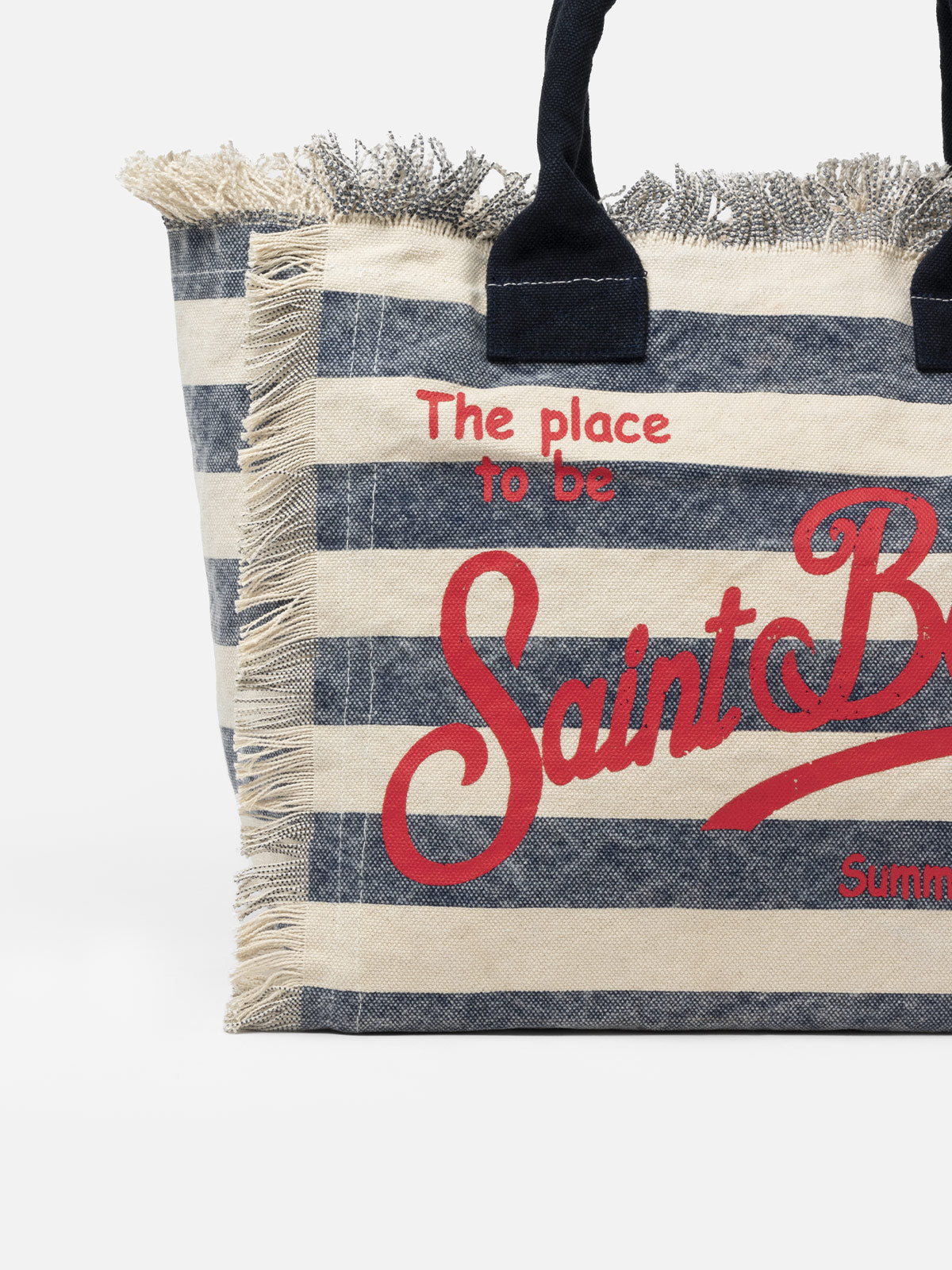 Borsa a spalla Vanity in canvas di cotone con stampa a righe blu navy