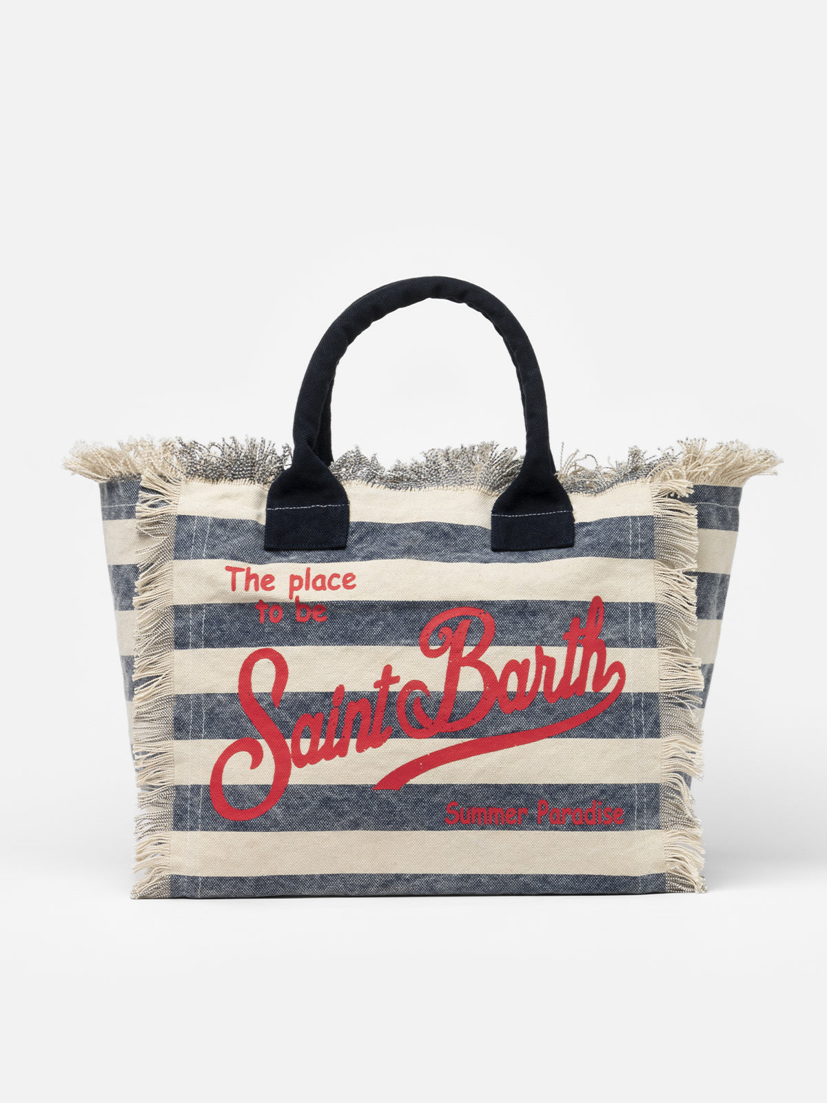 Borsa a spalla Vanity in canvas di cotone con stampa a righe blu navy