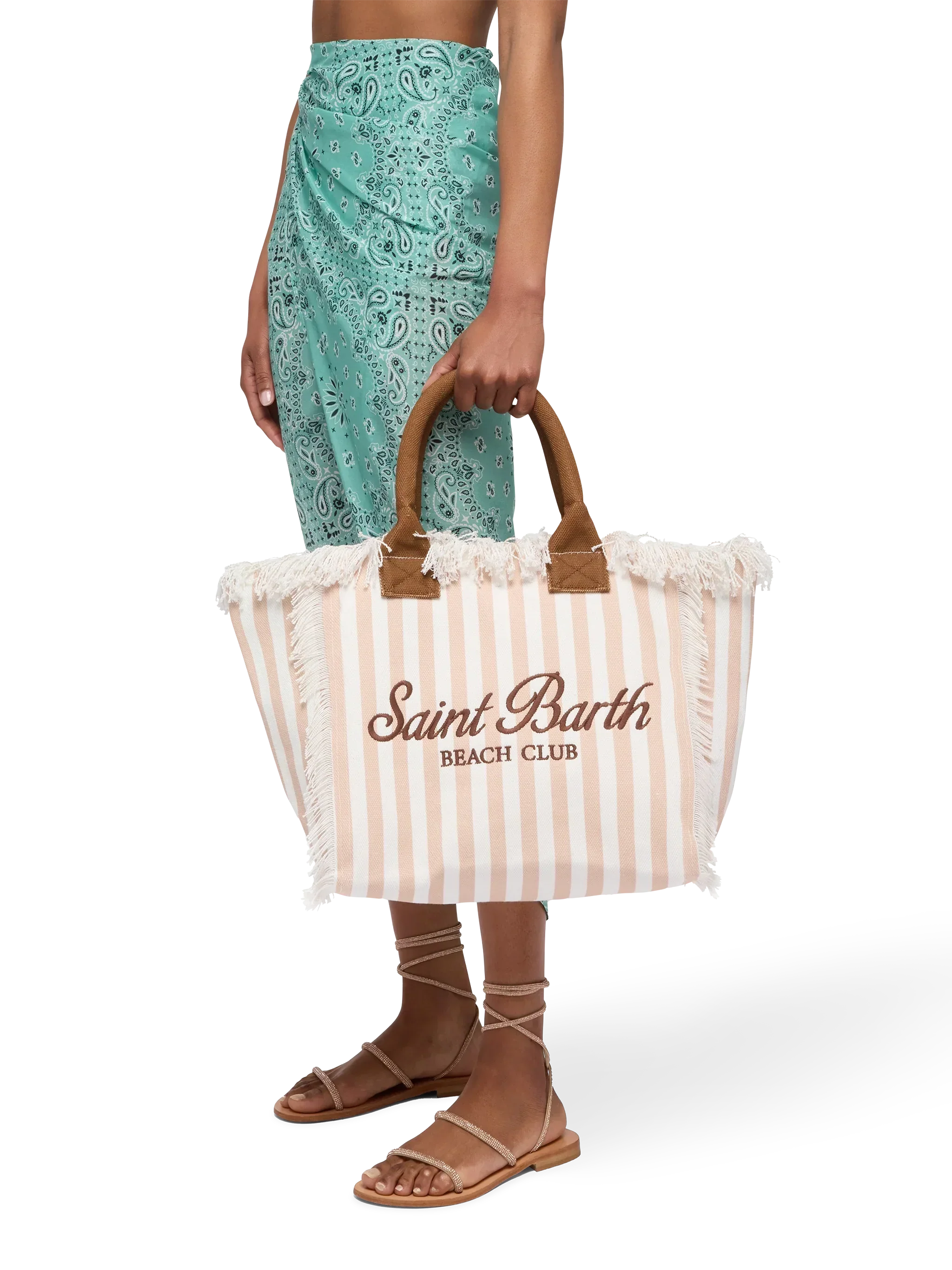 Borsa a spalla Vanity in canvas di cotone con stampa a righe beige