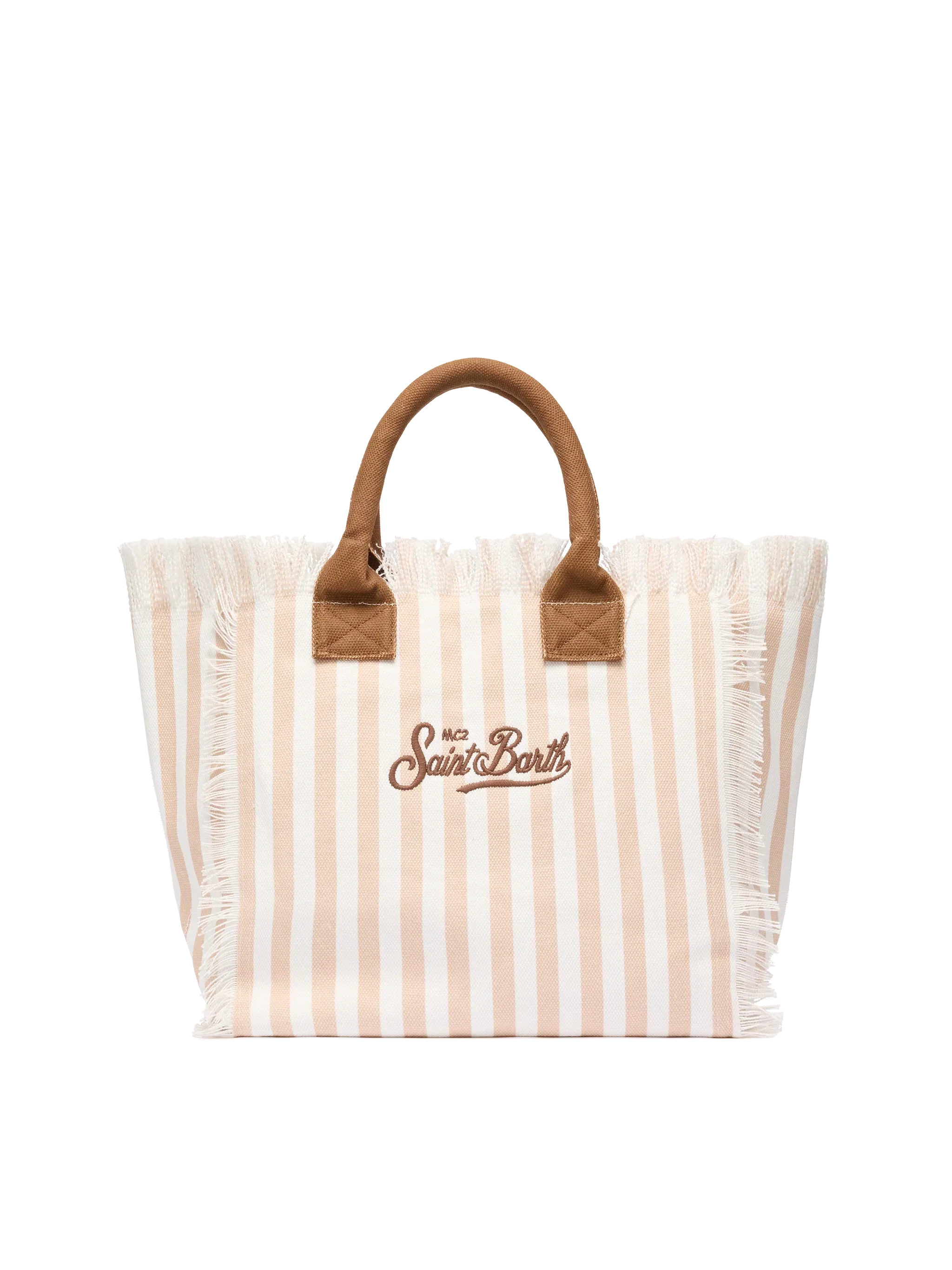 Borsa a spalla Vanity in canvas di cotone con stampa a righe beige