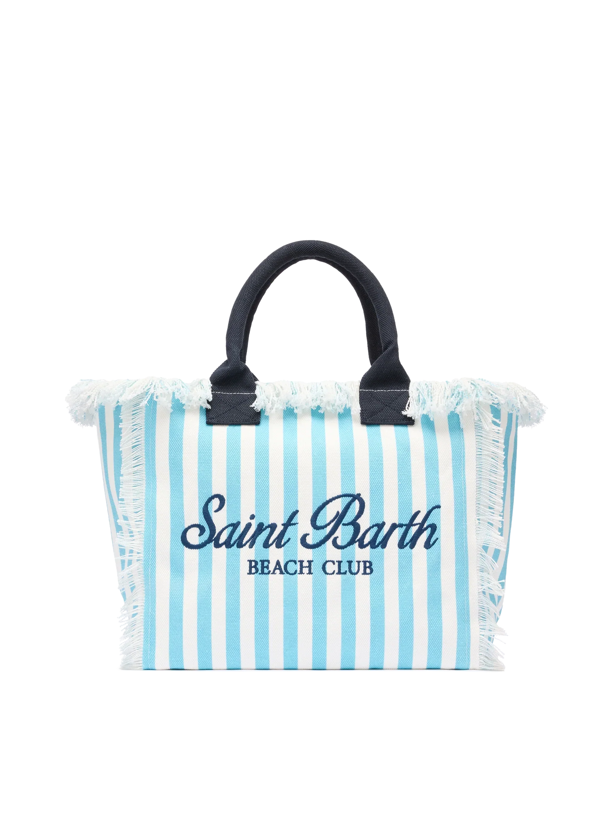 Borsa a spalla Vanity in canvas di cotone con stampa a righe azzurre