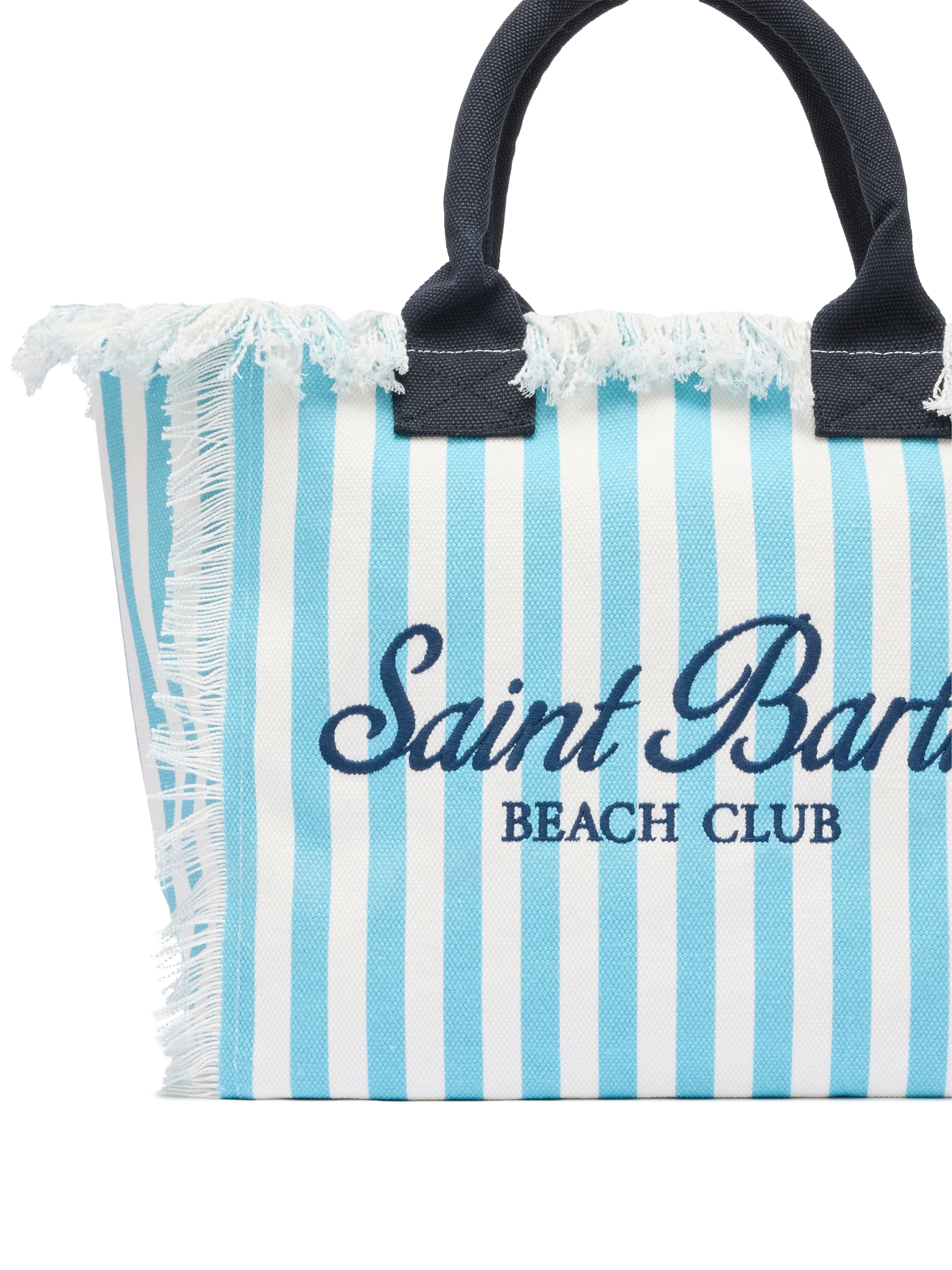 Borsa a spalla Vanity in canvas di cotone con stampa a righe azzurre
