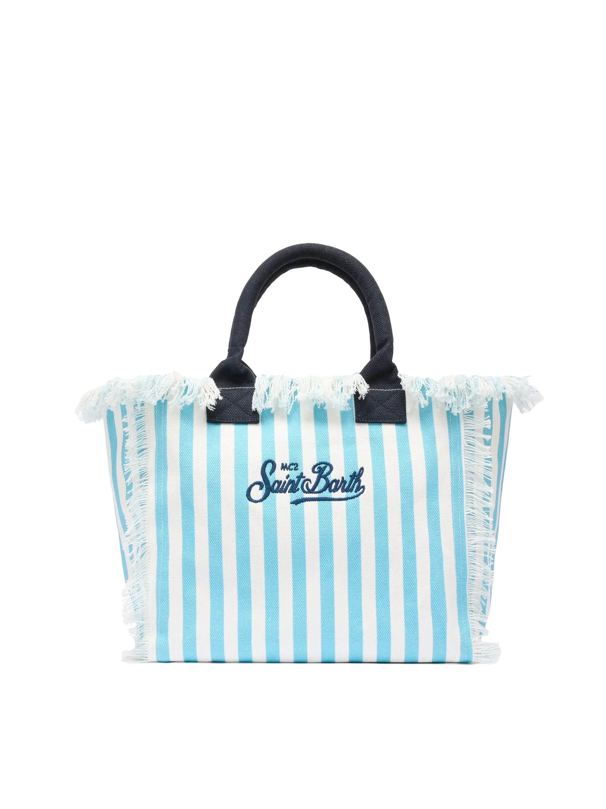 Borsa a spalla Vanity in canvas di cotone con stampa a righe azzurre