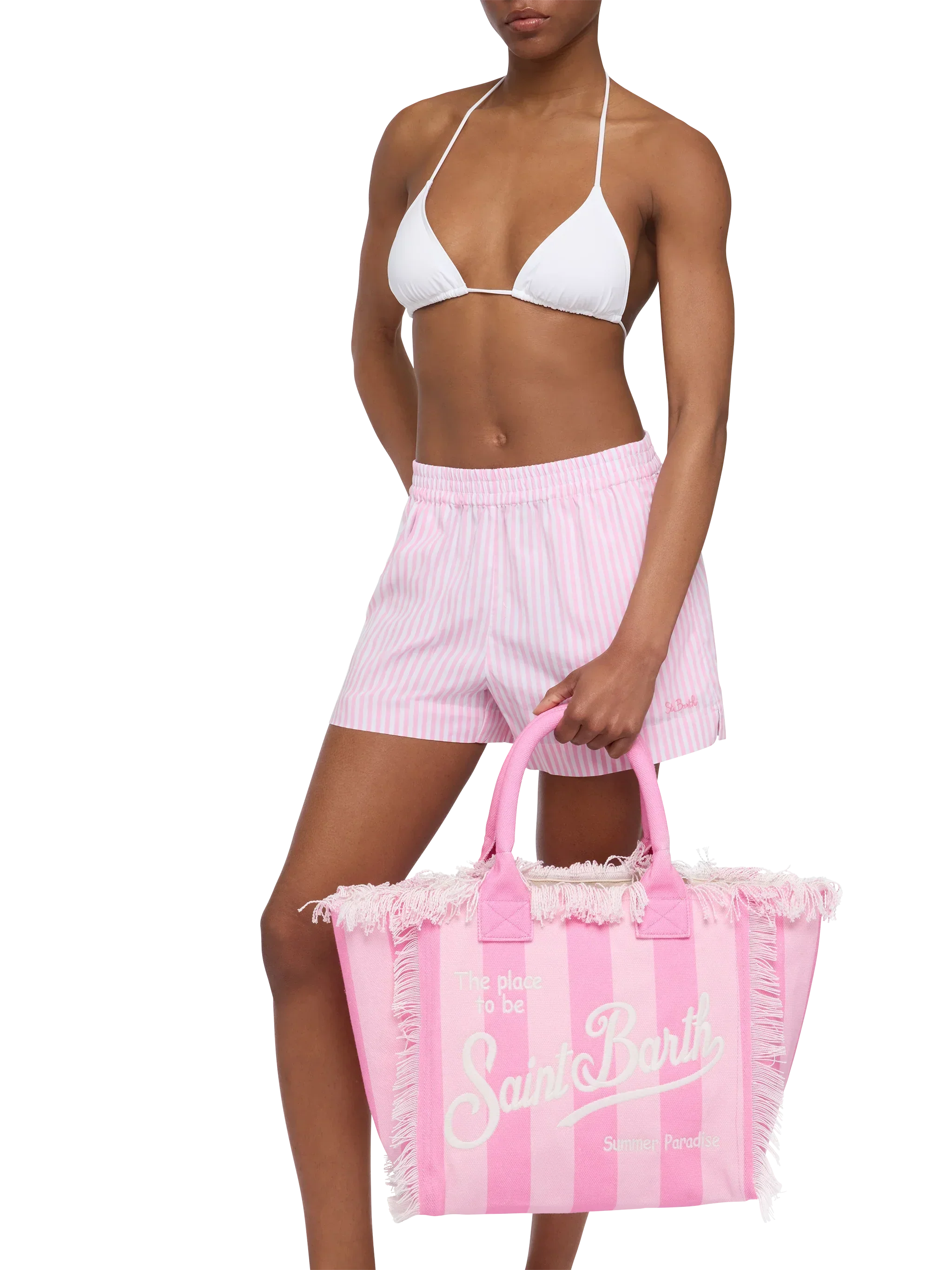 Borsa a spalla Vanity in canvas di cotone con stampa a righe rosa
