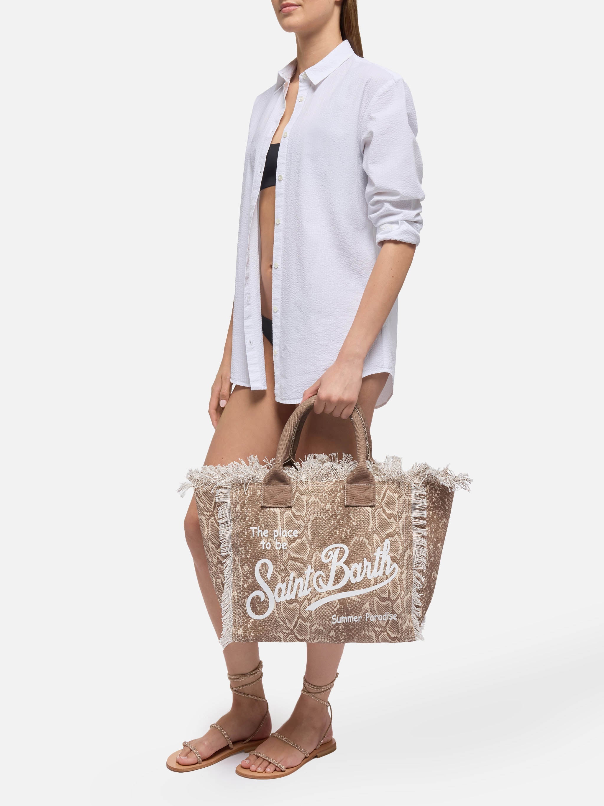 Borsa a spalla Vanity in canvas di cotone con stampa pelle di serpente