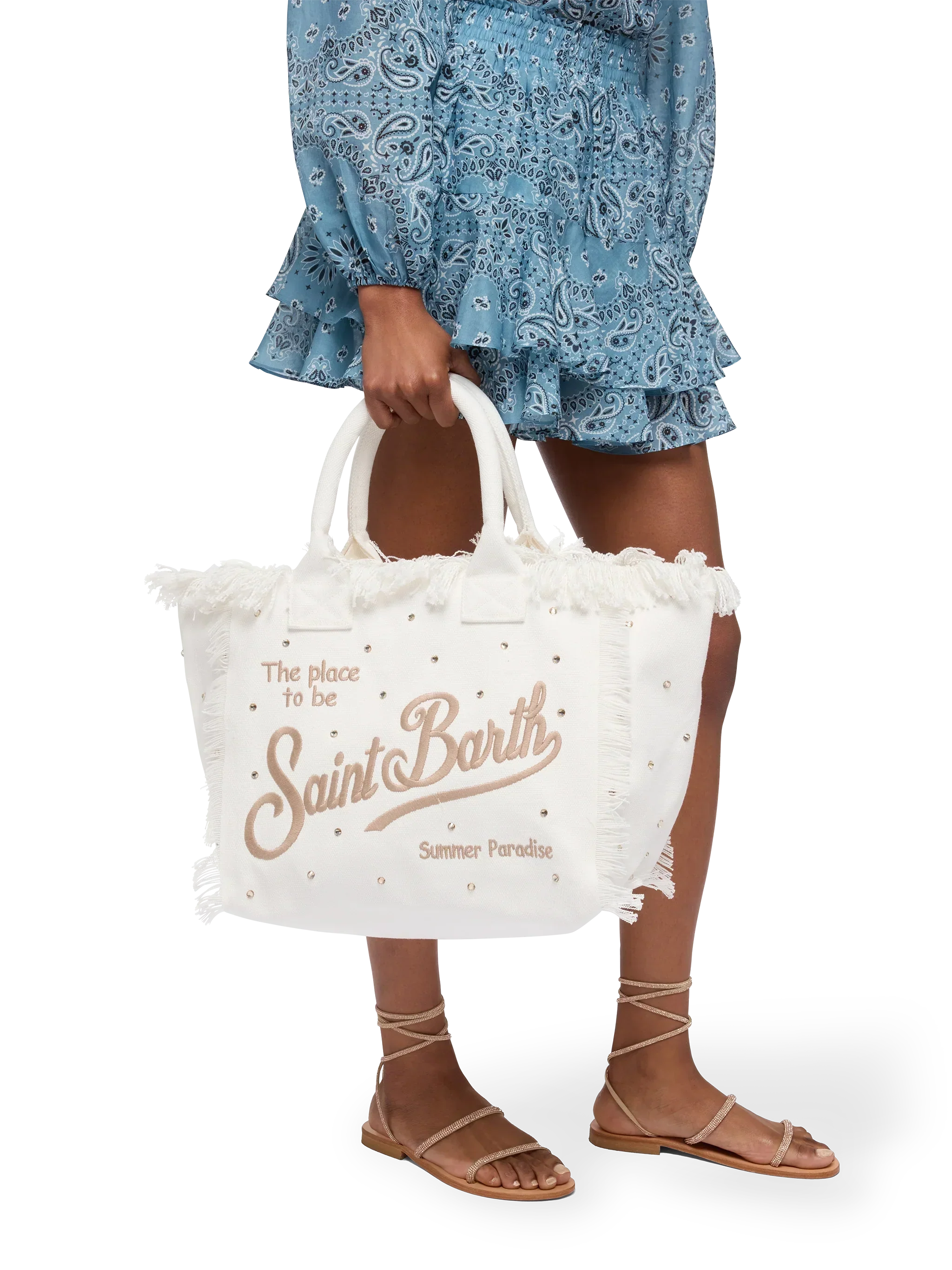 Borsa a spalla Vanity in canvas di cotone off-white con borchie decorative