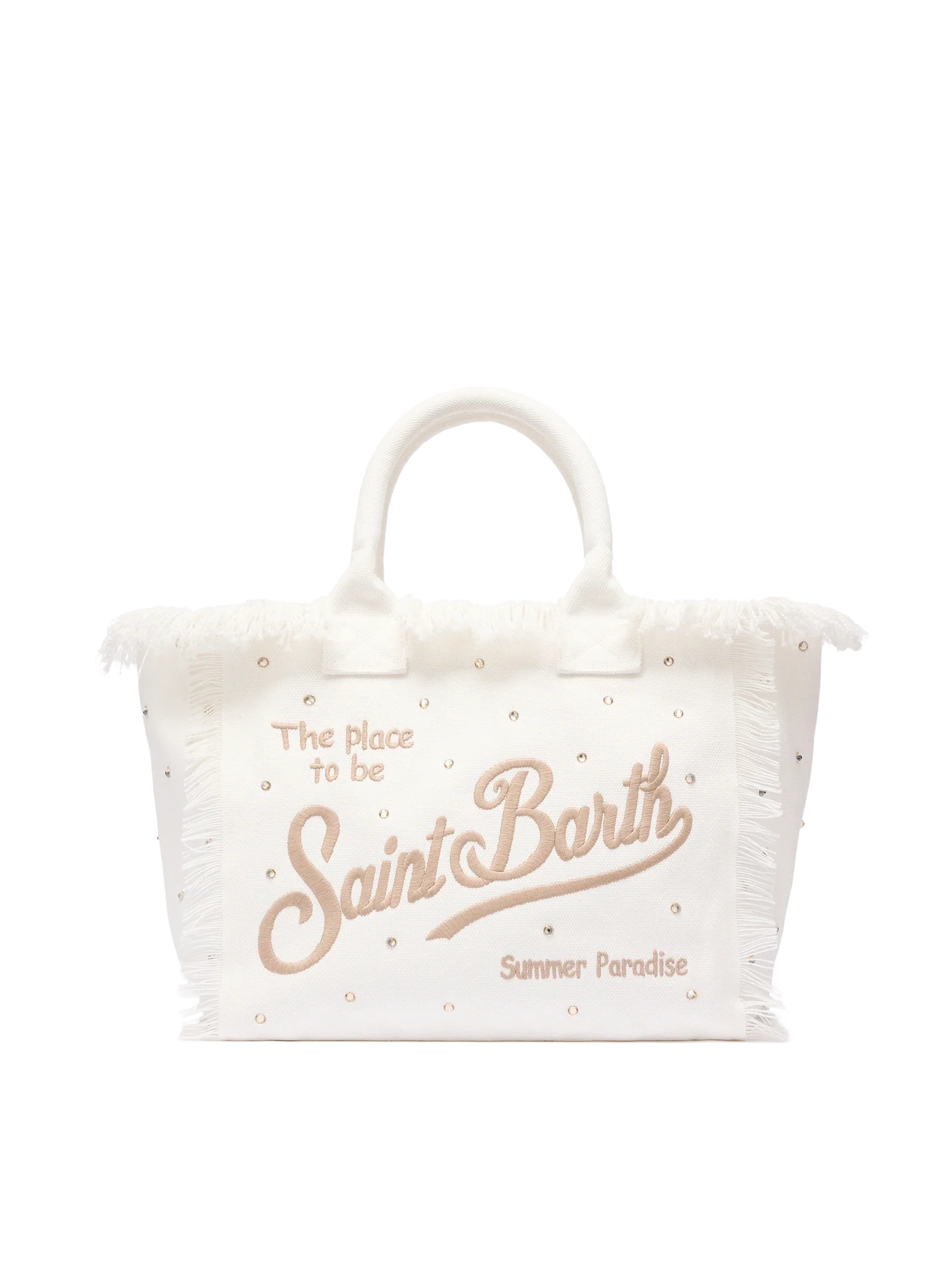 Borsa a spalla Vanity in canvas di cotone off-white con borchie decorative