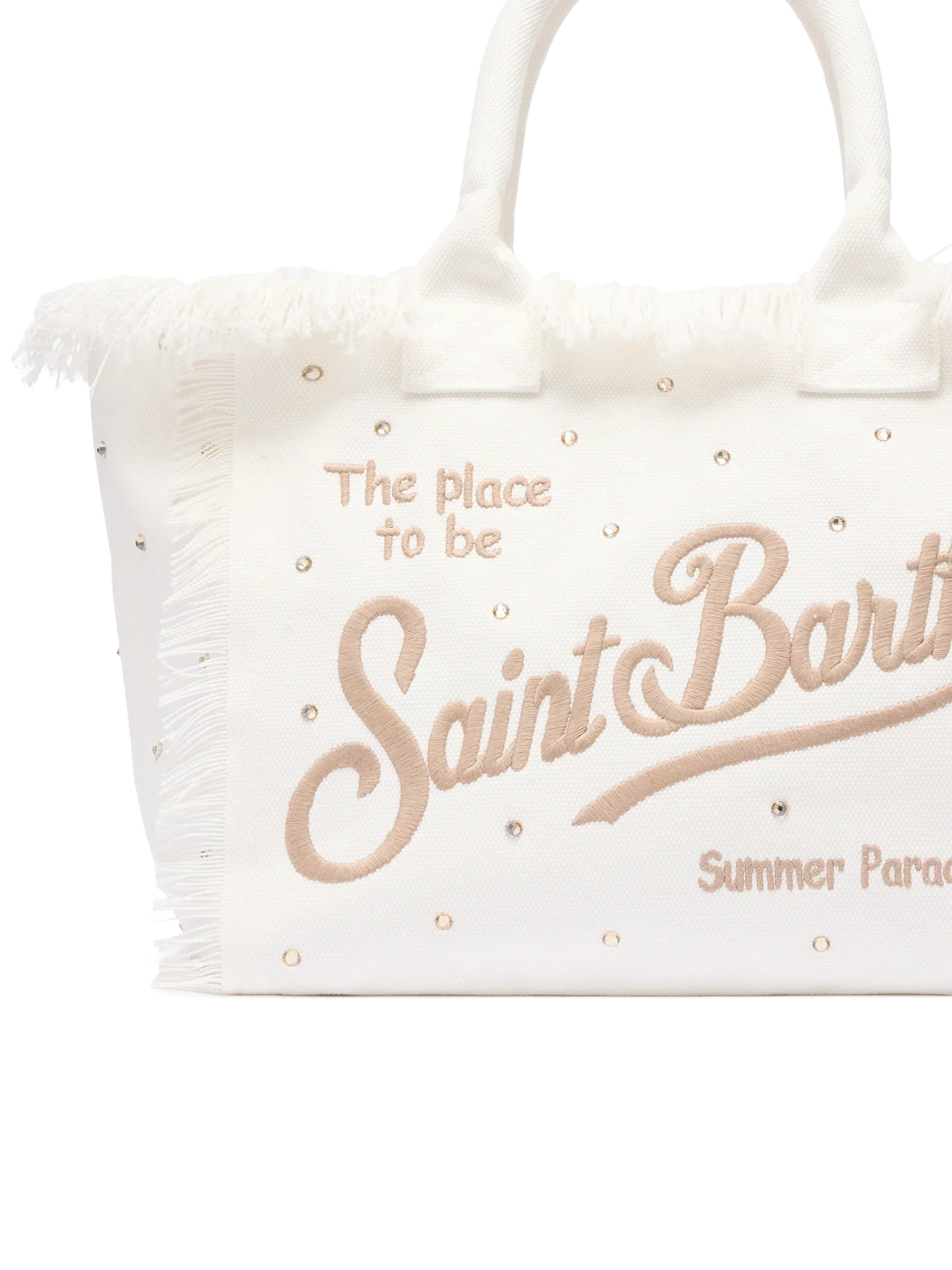 Borsa a spalla Vanity in canvas di cotone off-white con borchie decorative