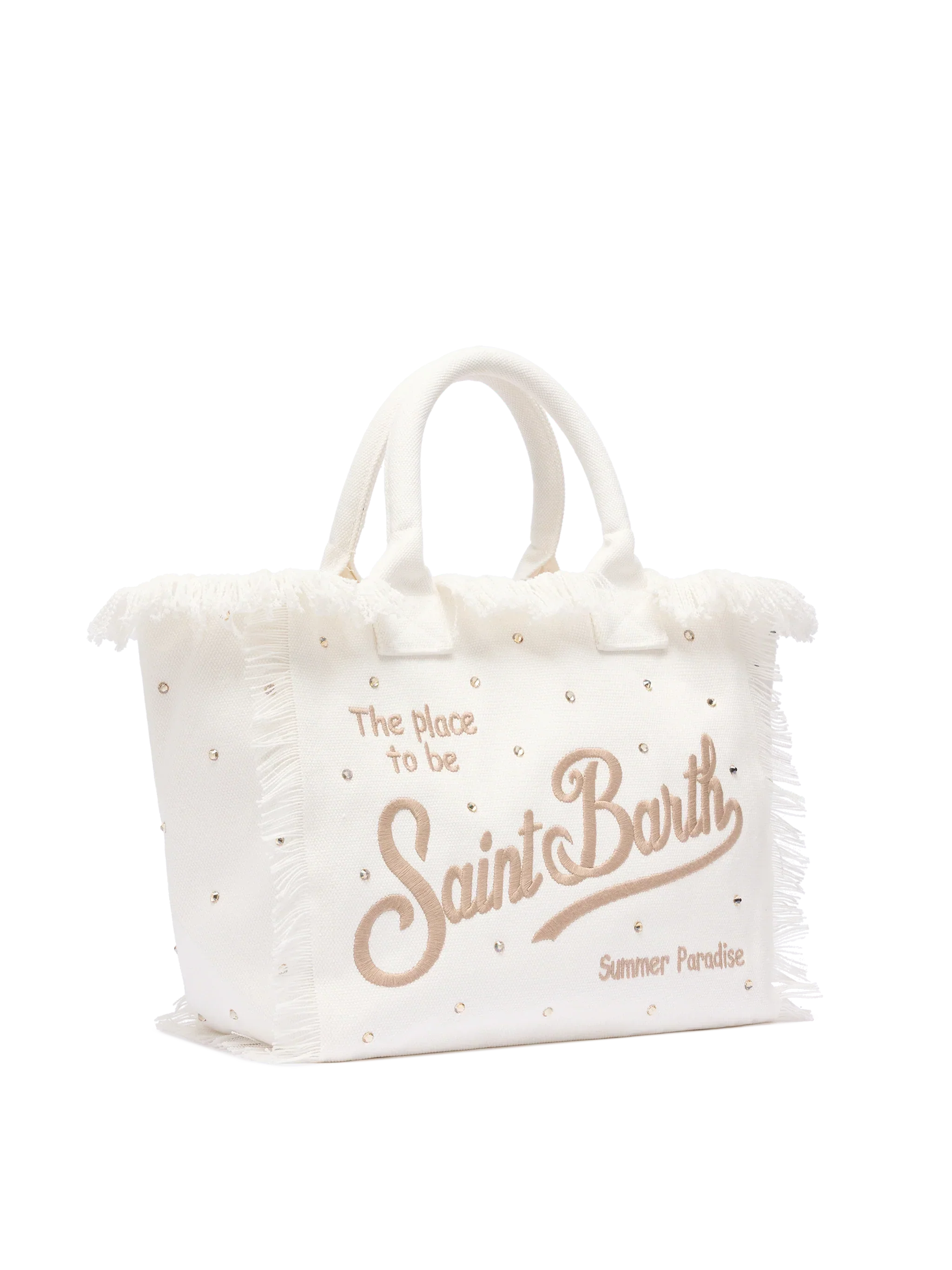 Borsa a spalla Vanity in canvas di cotone off-white con borchie decorative