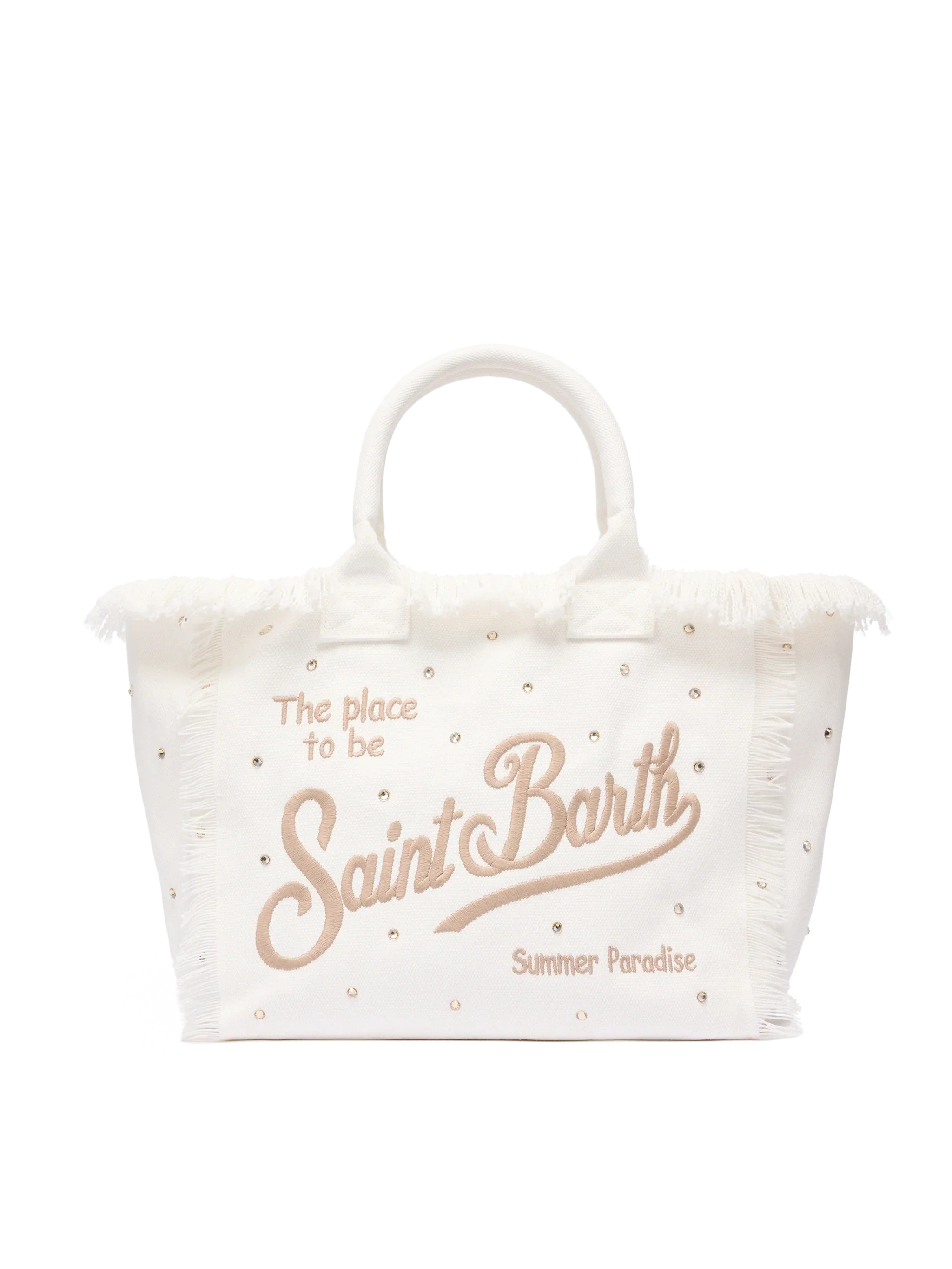 Borsa a spalla Vanity in canvas di cotone off-white con borchie decorative