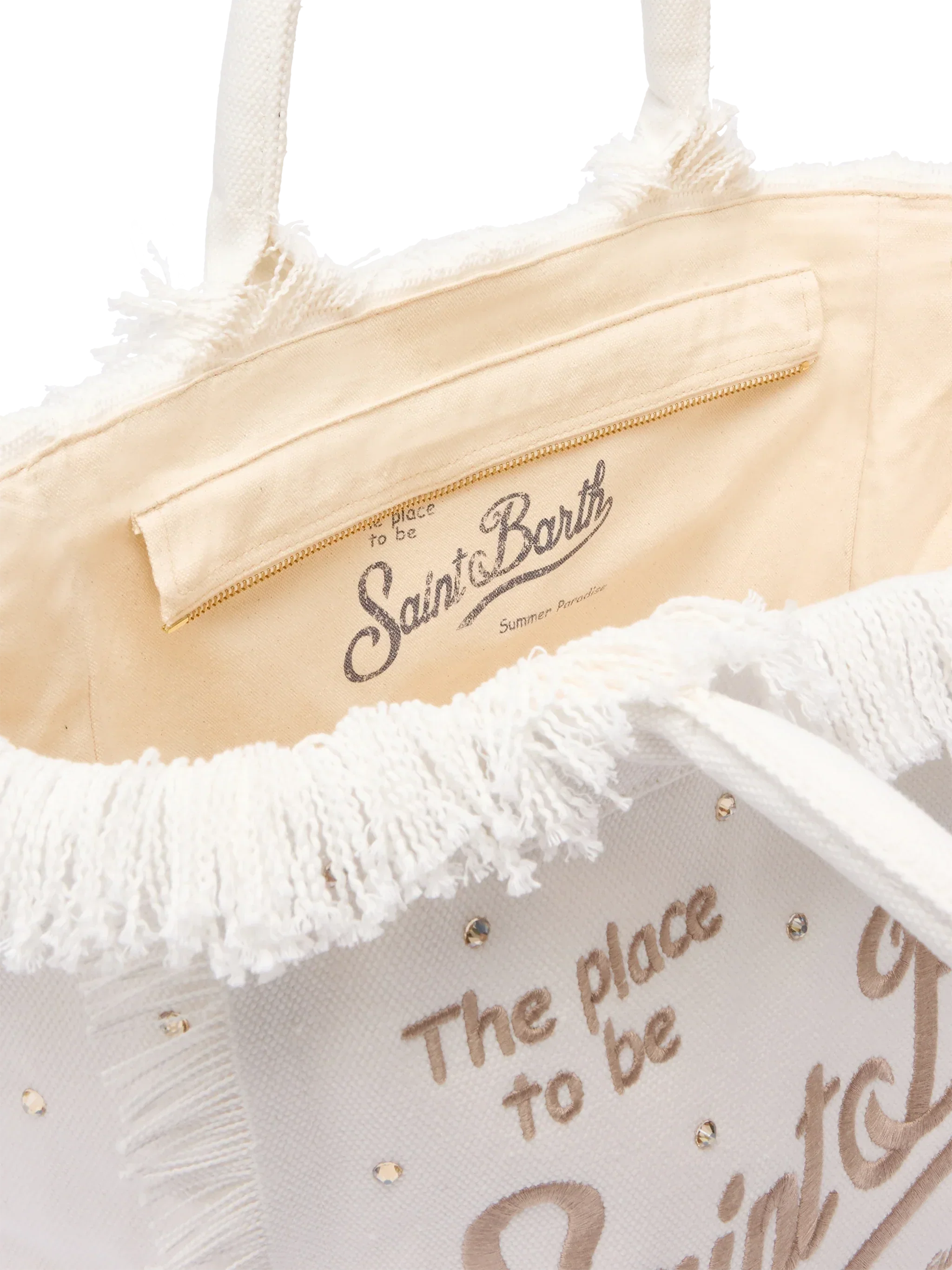 Borsa a spalla Vanity in canvas di cotone off-white con borchie decorative