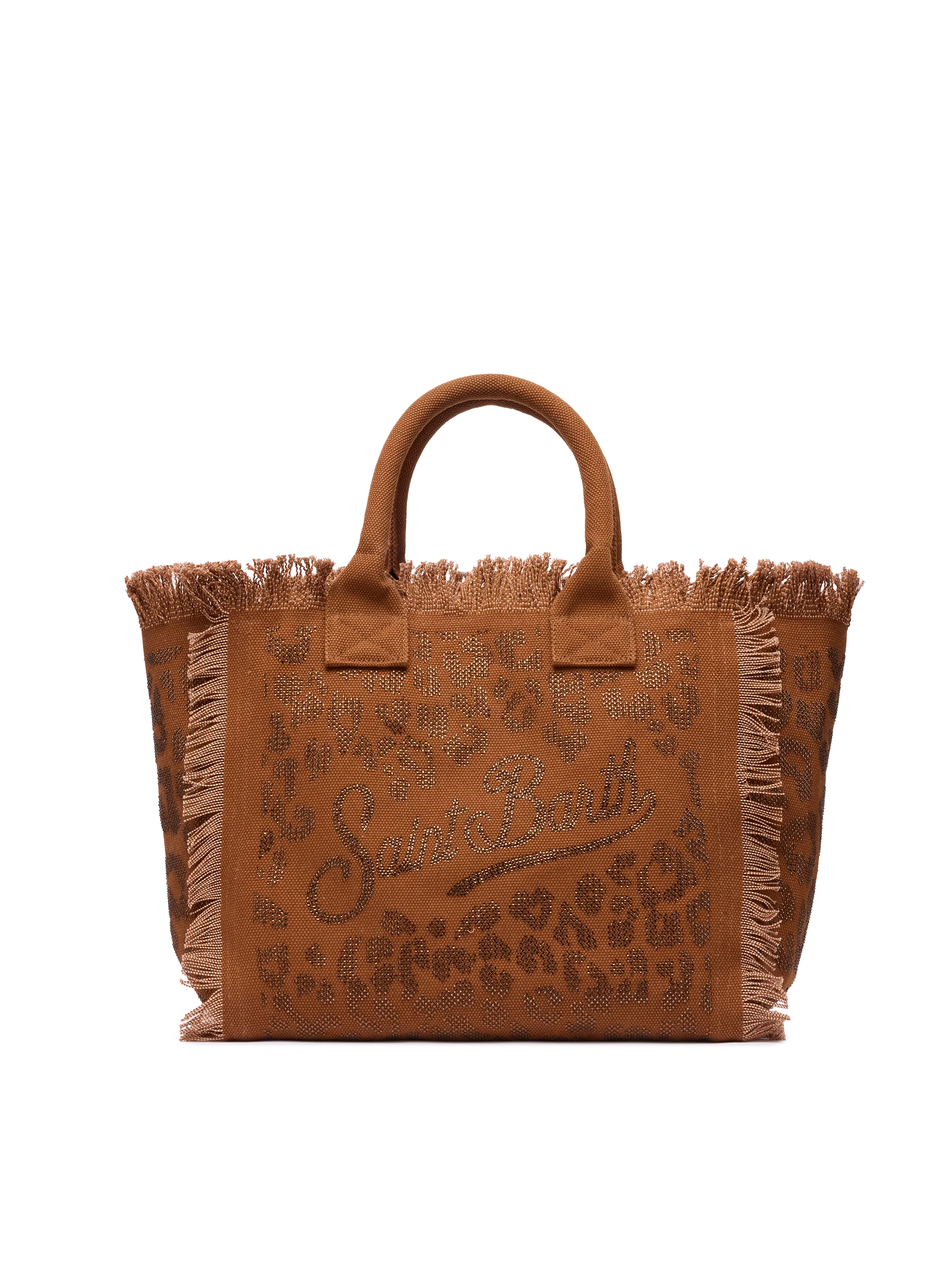 Borsa a spalla Vanity in canvas di cotone marrone con decorazioni in strass leopardate