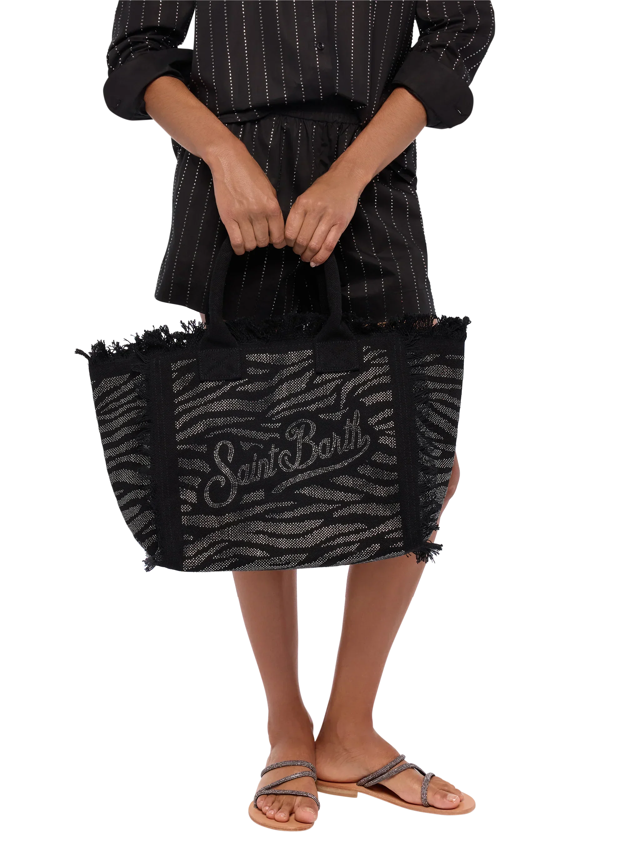Borsa a spalla Vanity in canvas di cotone nero con decorazioni in strass zebrati