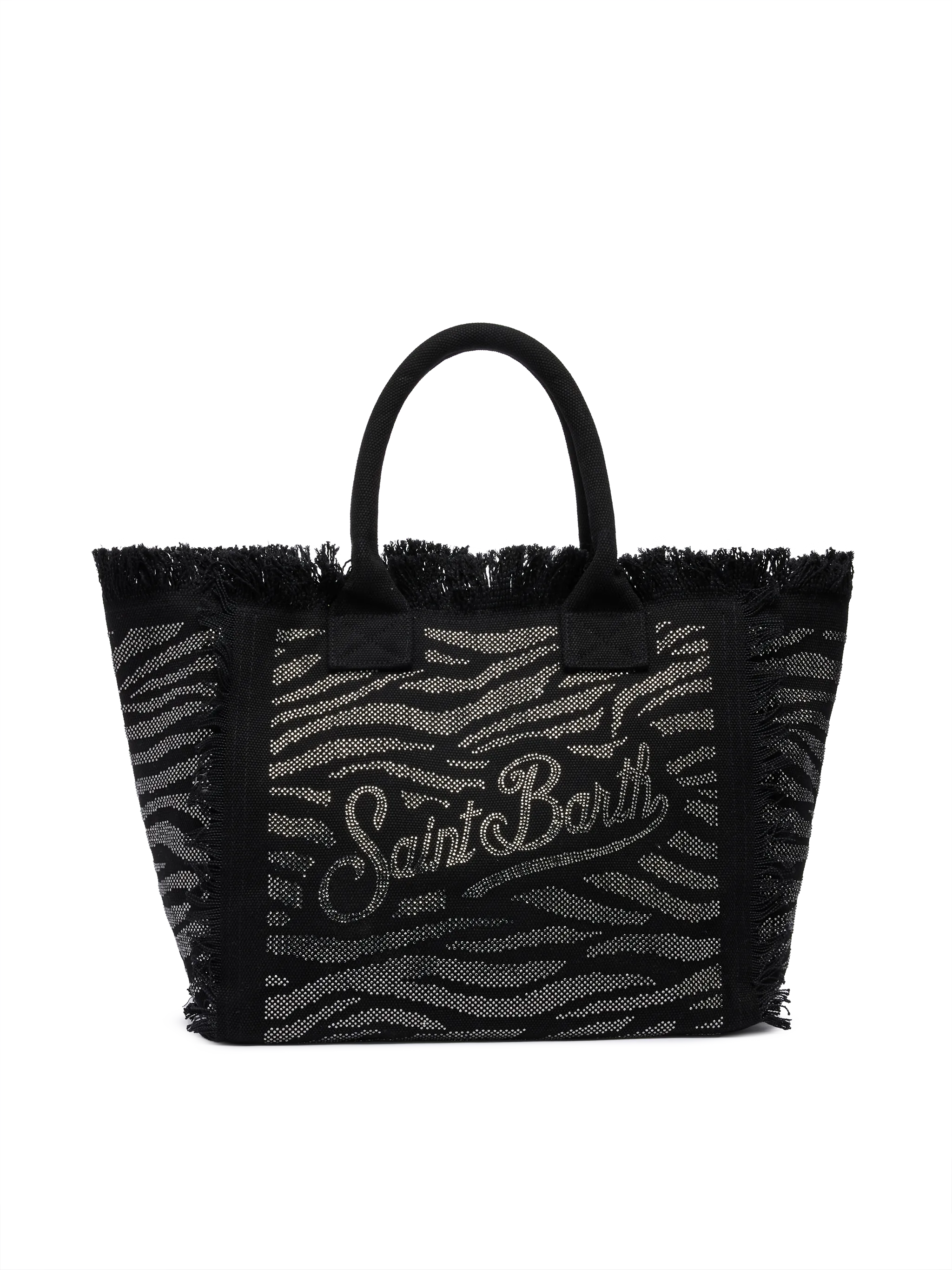 Borsa a spalla Vanity in canvas di cotone nero con decorazioni in strass zebrati