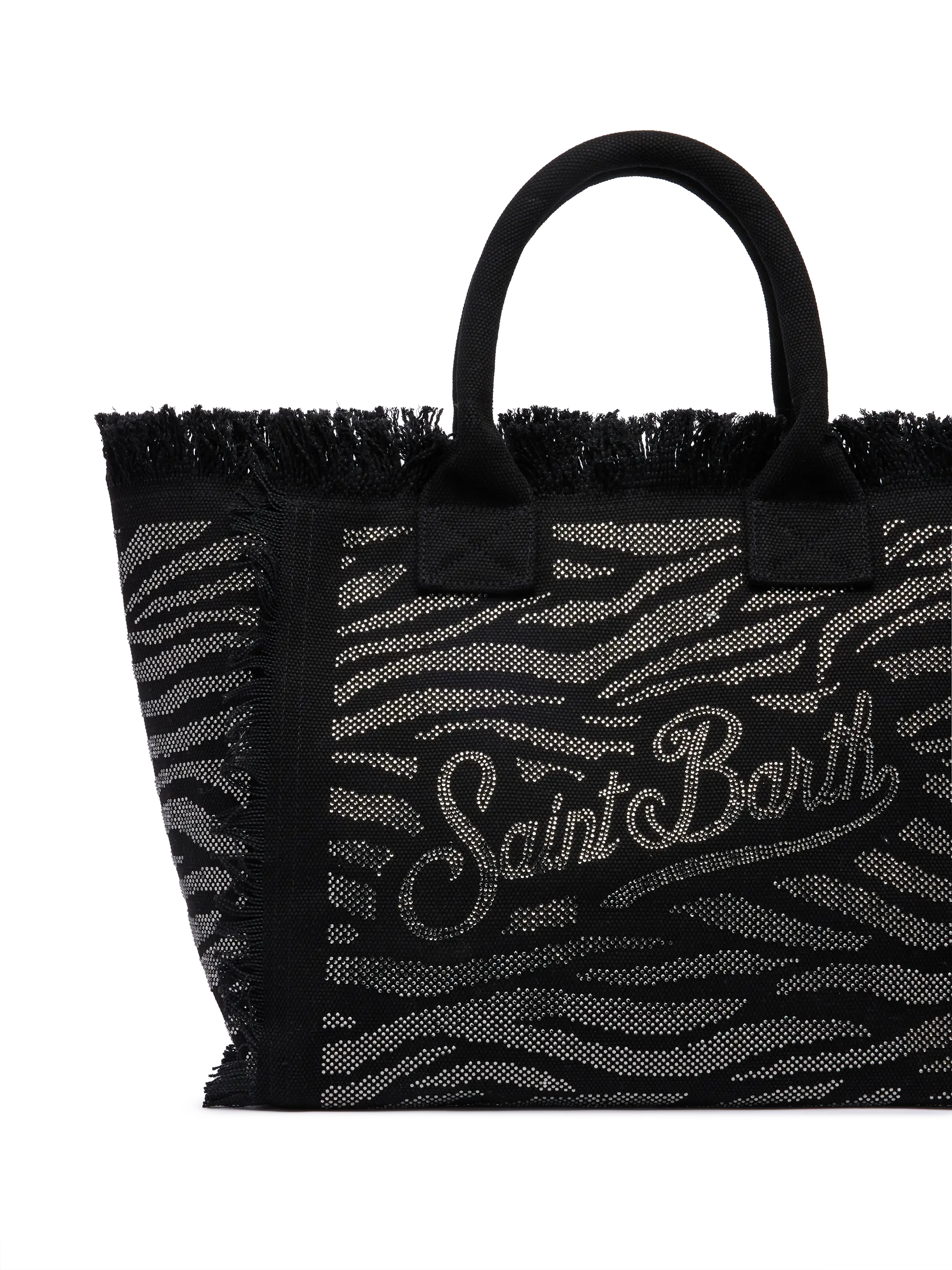 Borsa a spalla Vanity in canvas di cotone nero con decorazioni in strass zebrati
