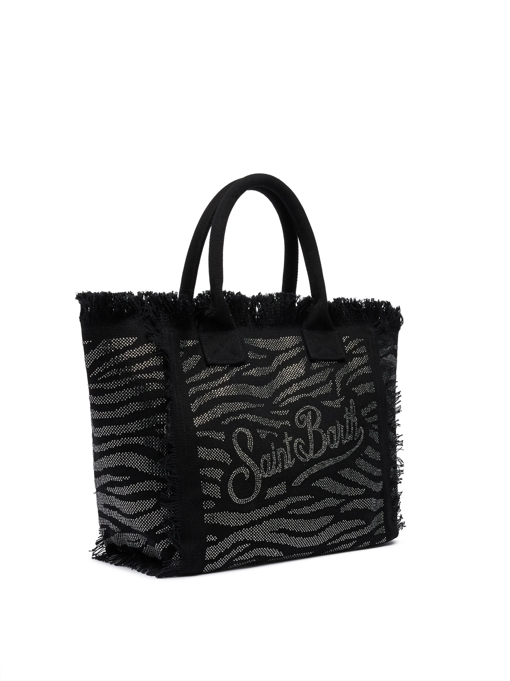 Borsa a spalla Vanity in canvas di cotone nero con decorazioni in strass zebrati