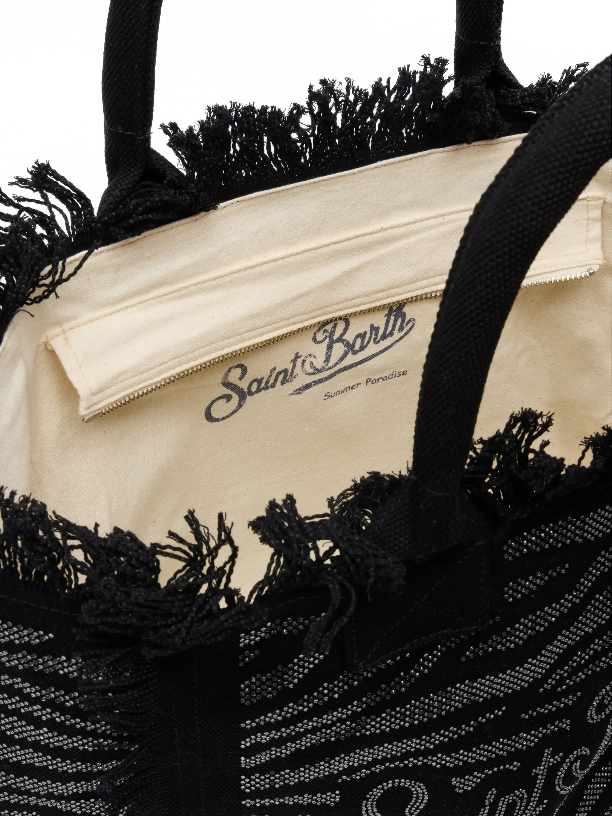 Borsa a spalla Vanity in canvas di cotone nero con decorazioni in strass zebrati