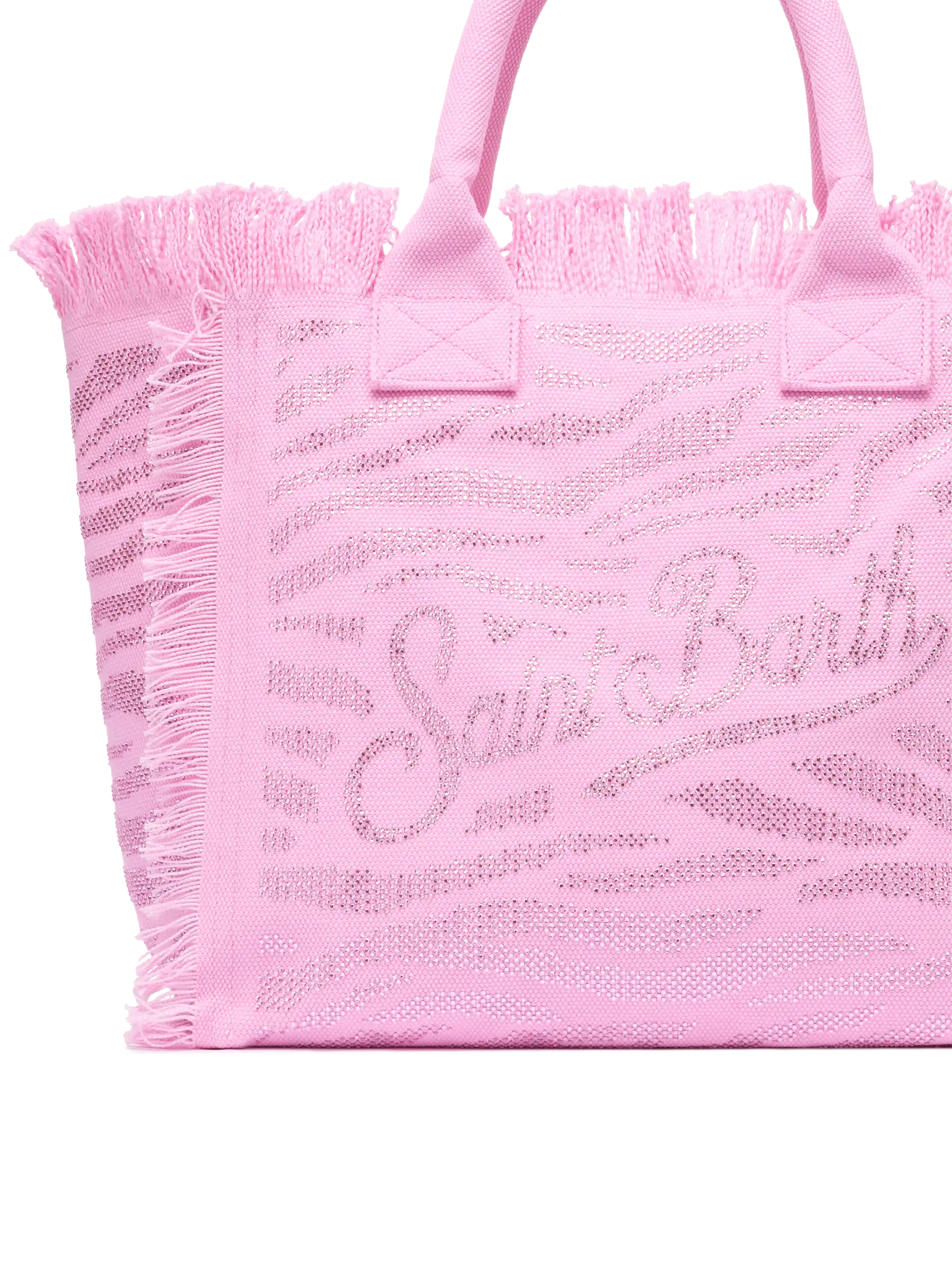 Borsa a spalla Vanity in canvas di cotone rosa con decorazioni in strass zebrati