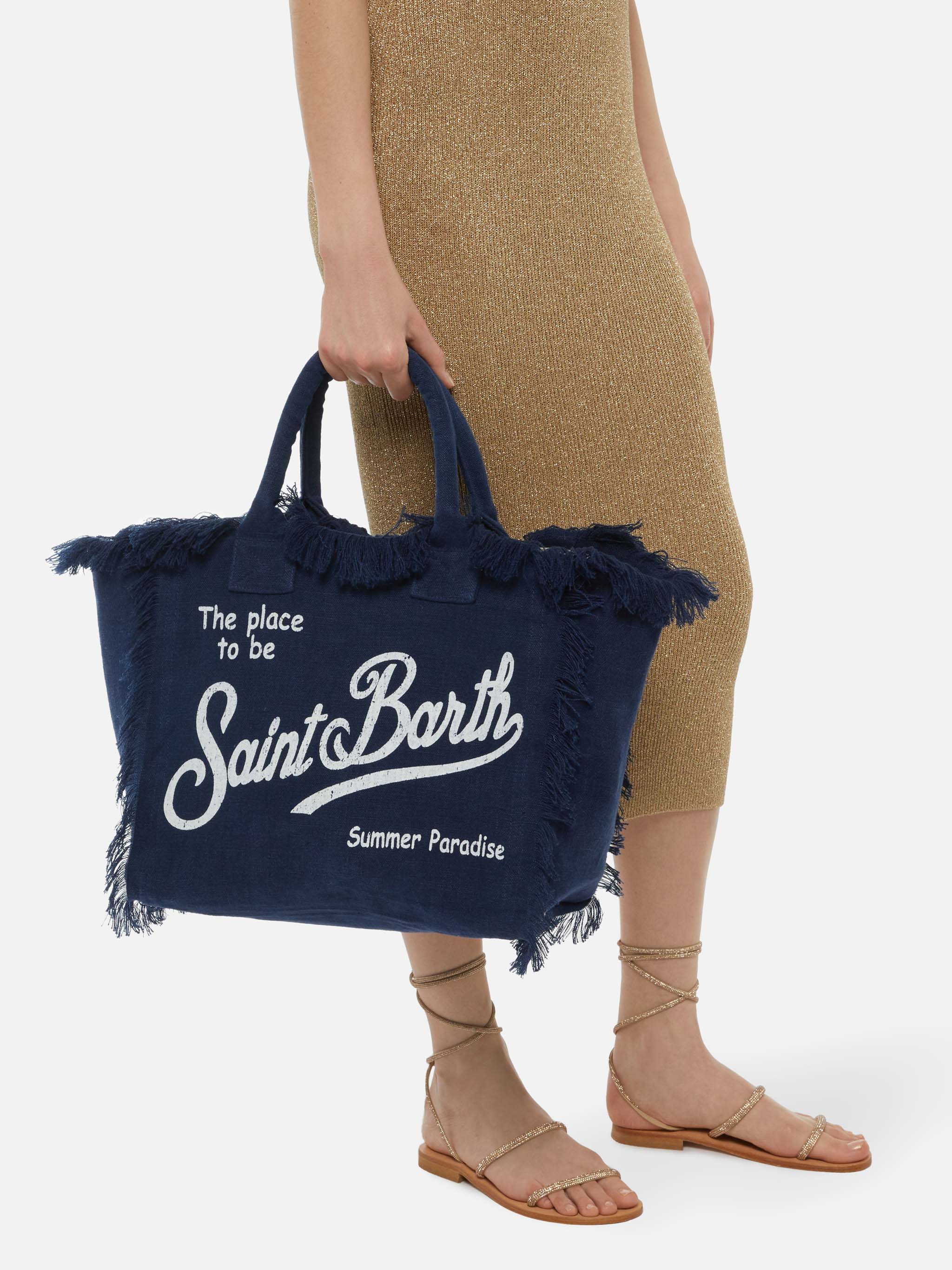 Borsa a spalla Vanity in lino blu navy