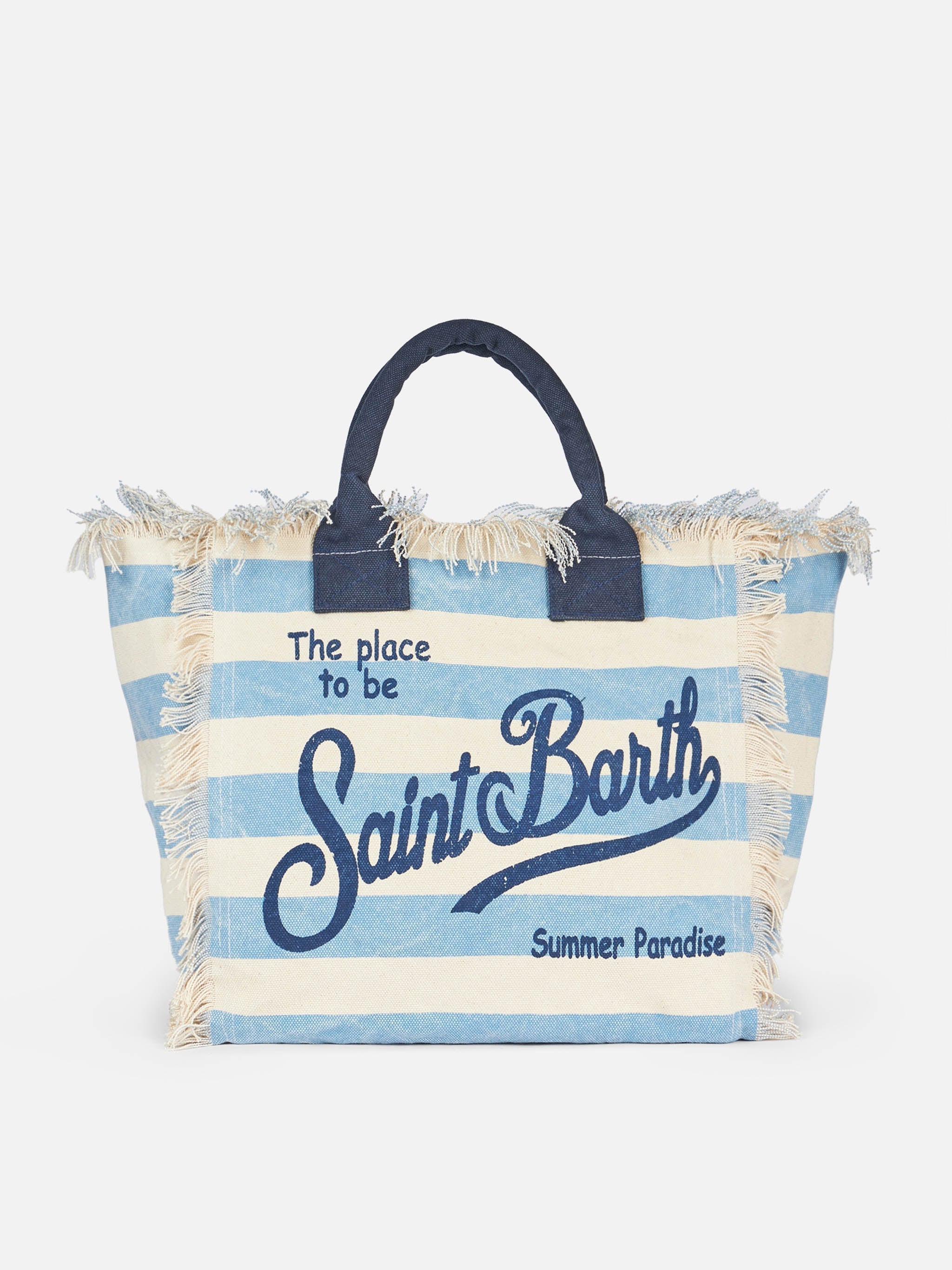 Borsa a spalla Vanity in canvas di cotone con stampa a righe azzurre