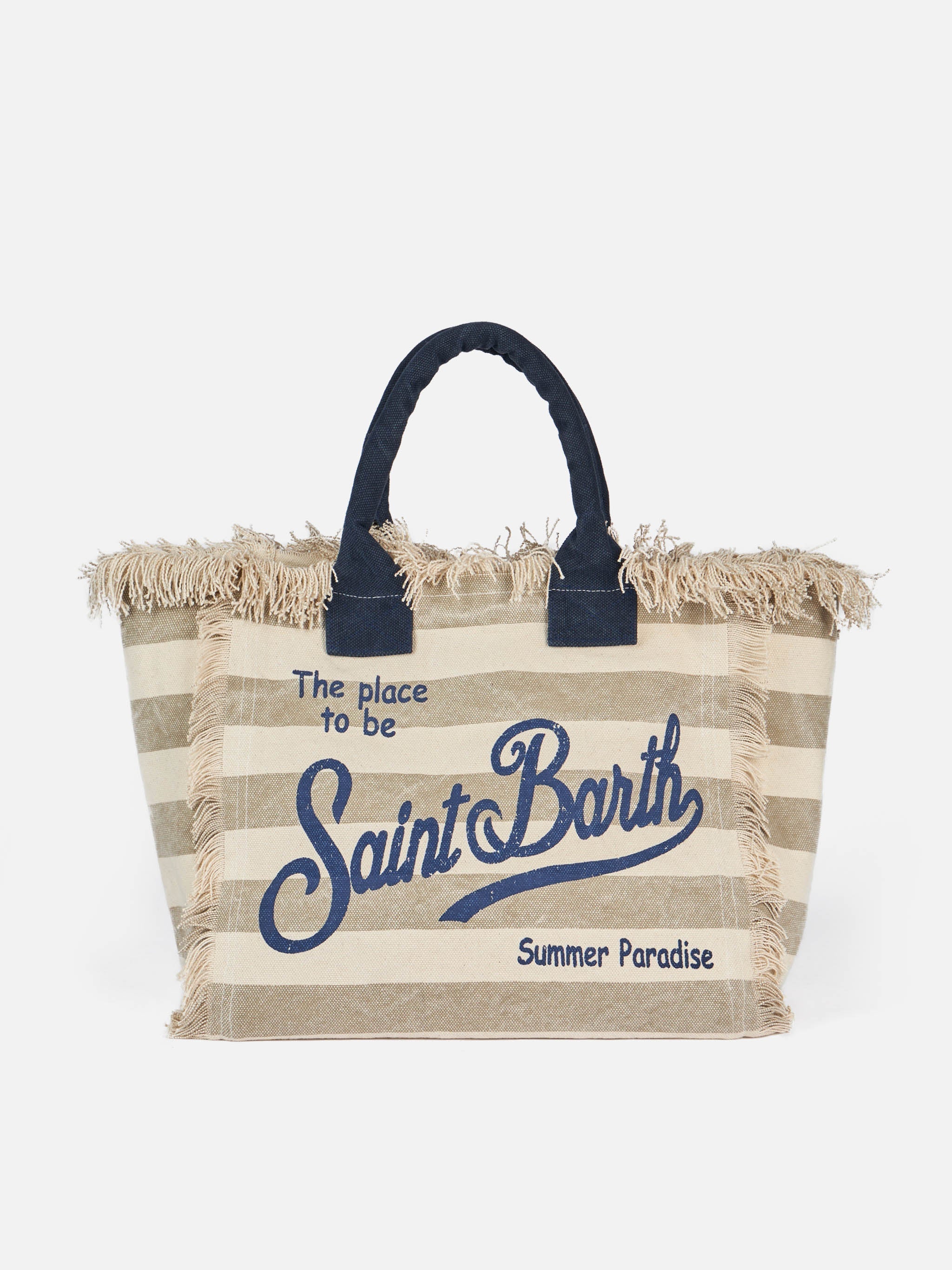 Borsa a spalla Vanity in canvas di cotone con stampa a righe beige