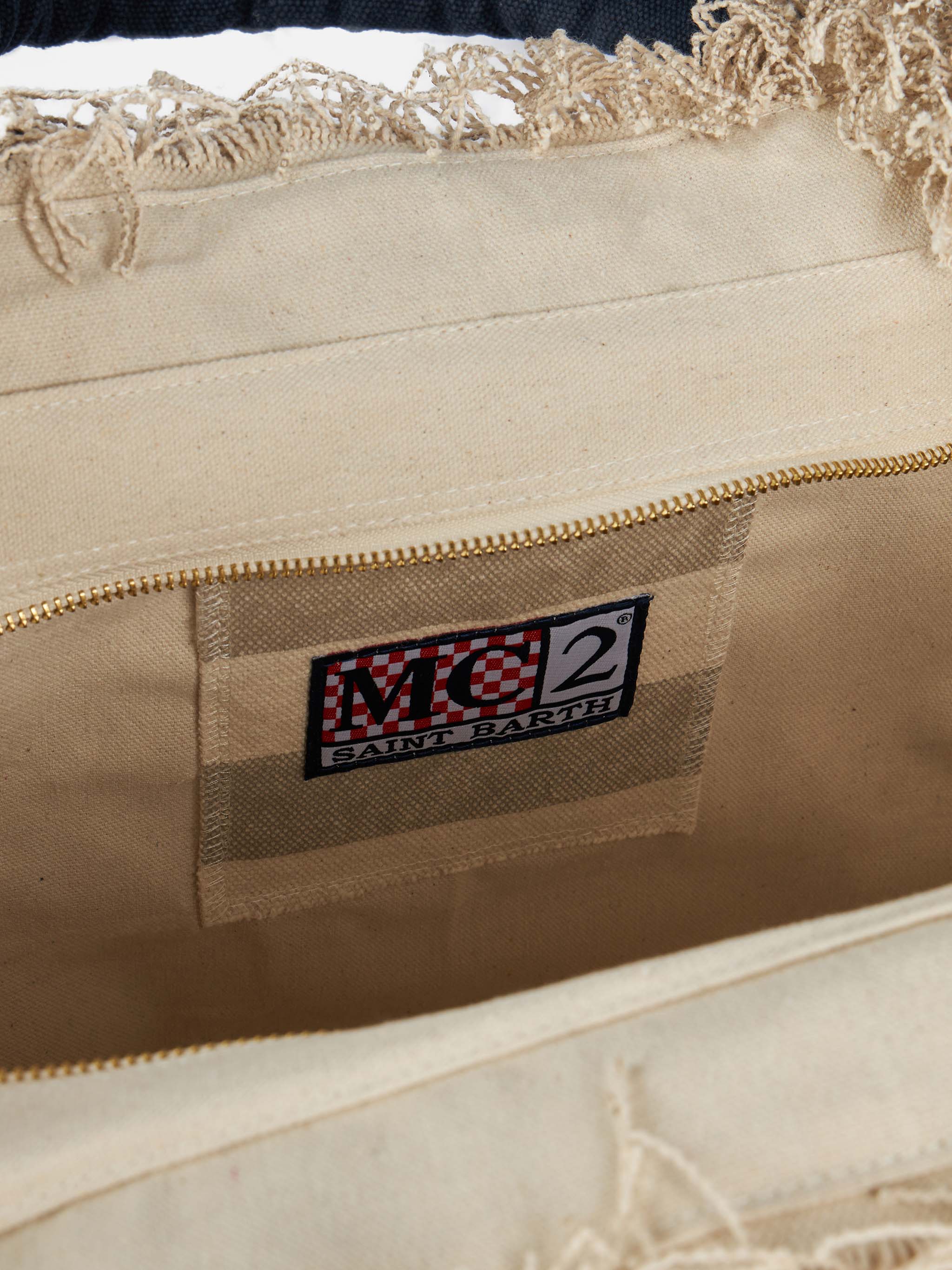 Borsa a spalla Vanity in canvas di cotone con stampa a righe beige