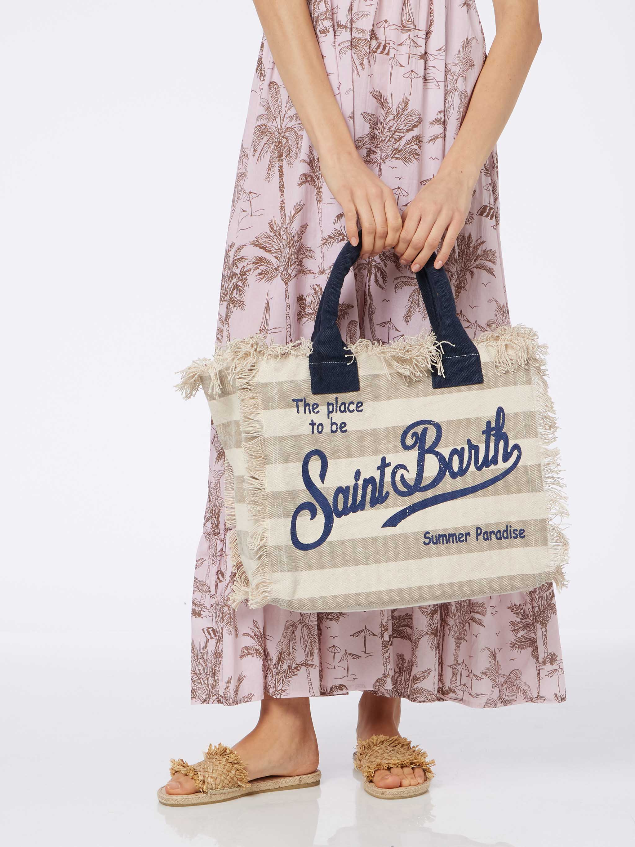 Borsa a spalla Vanity in canvas di cotone con stampa a righe beige