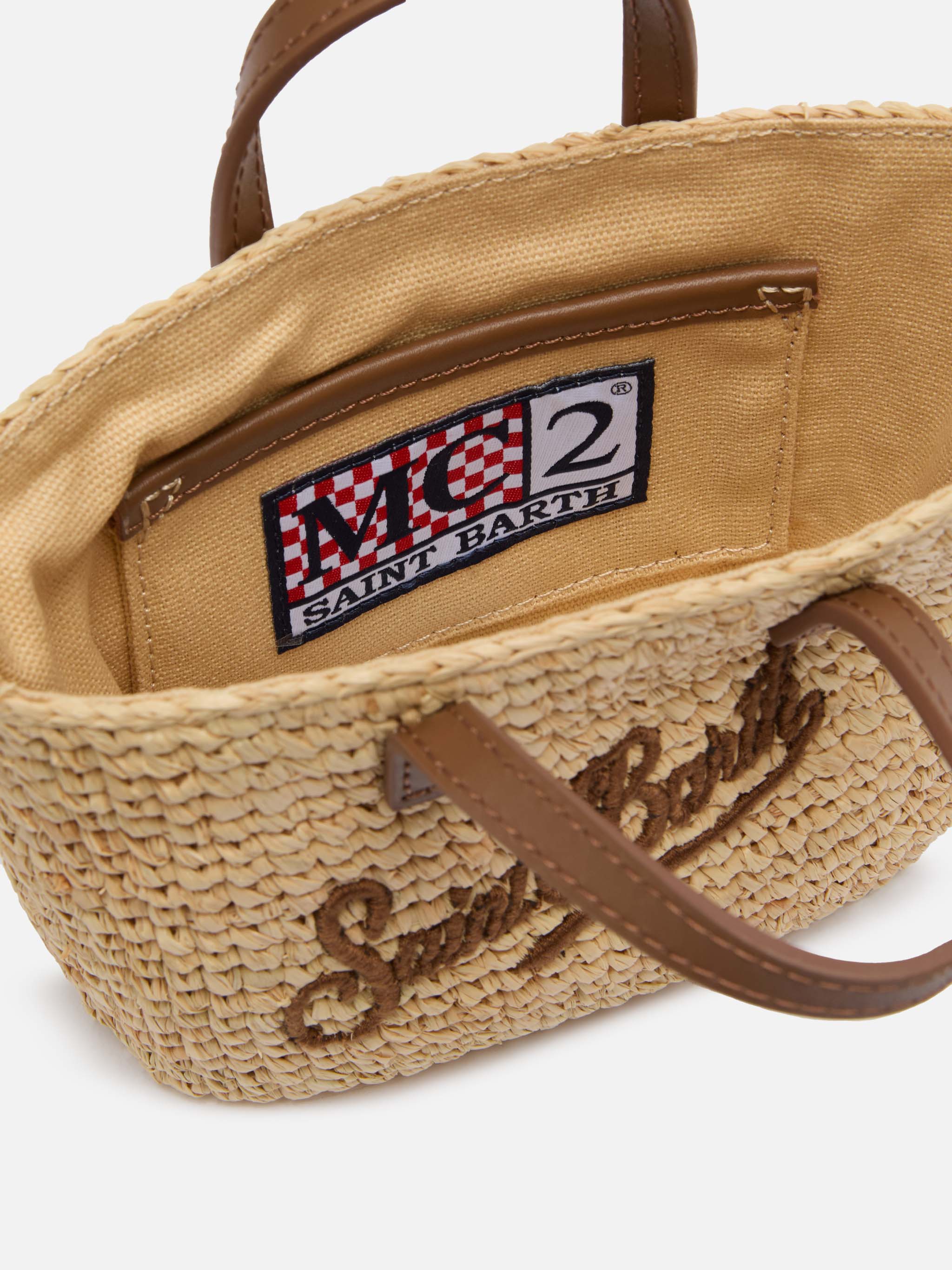 Rafia City Micro Bag beige con manici in pelle