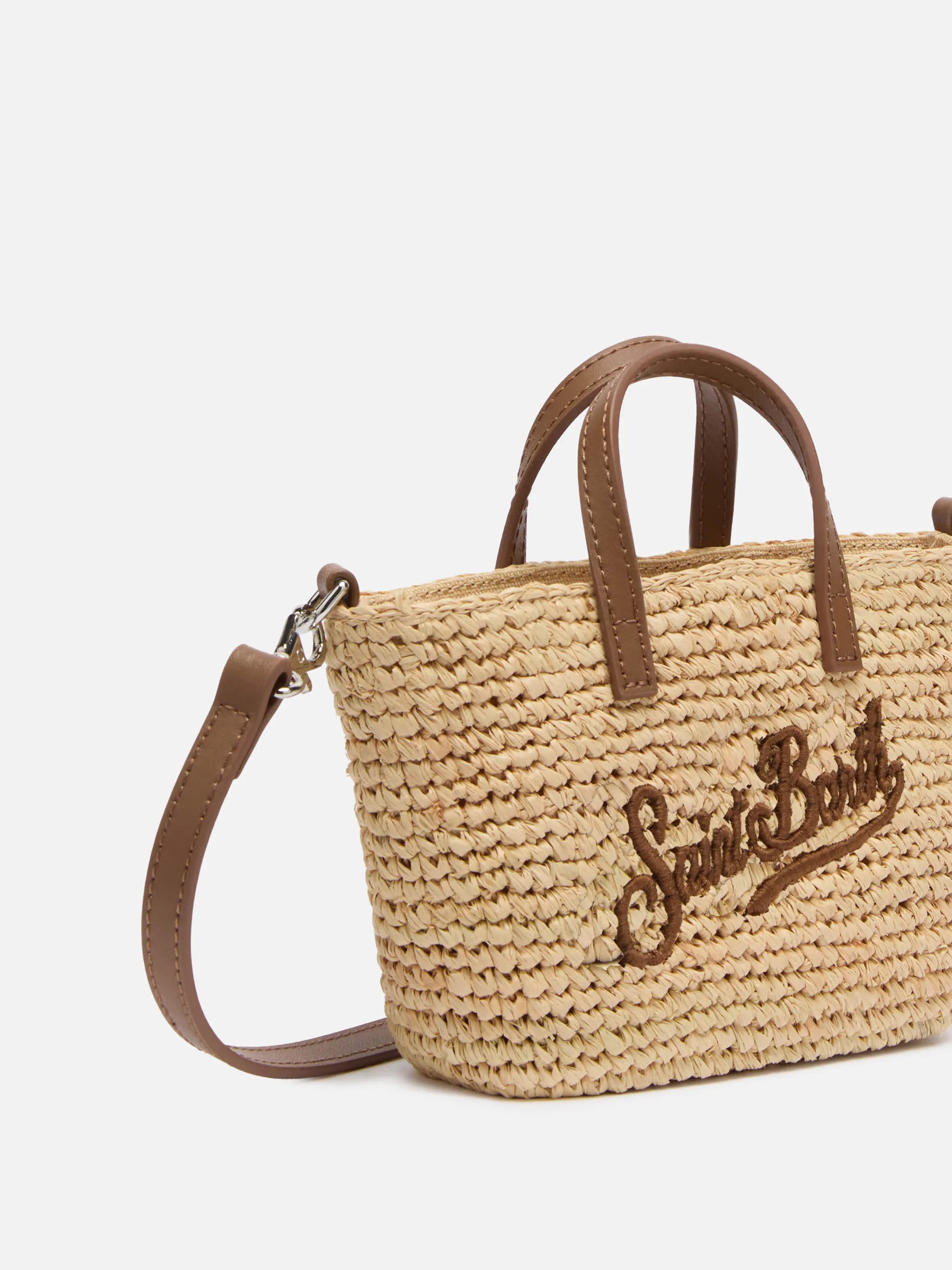 Rafia City Micro Bag beige con manici in pelle